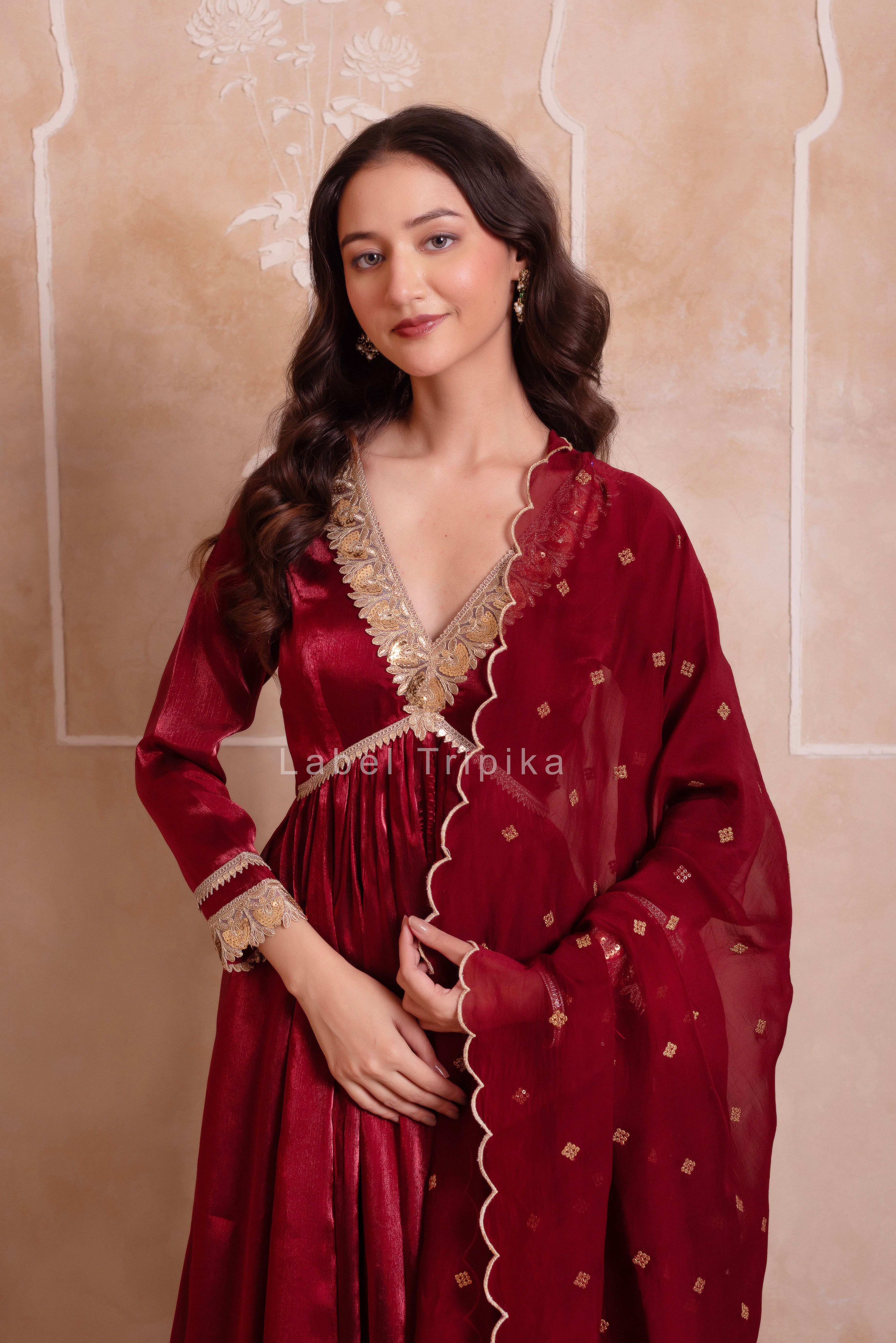 Maroon Organza Handwork Anarkali Suit Set