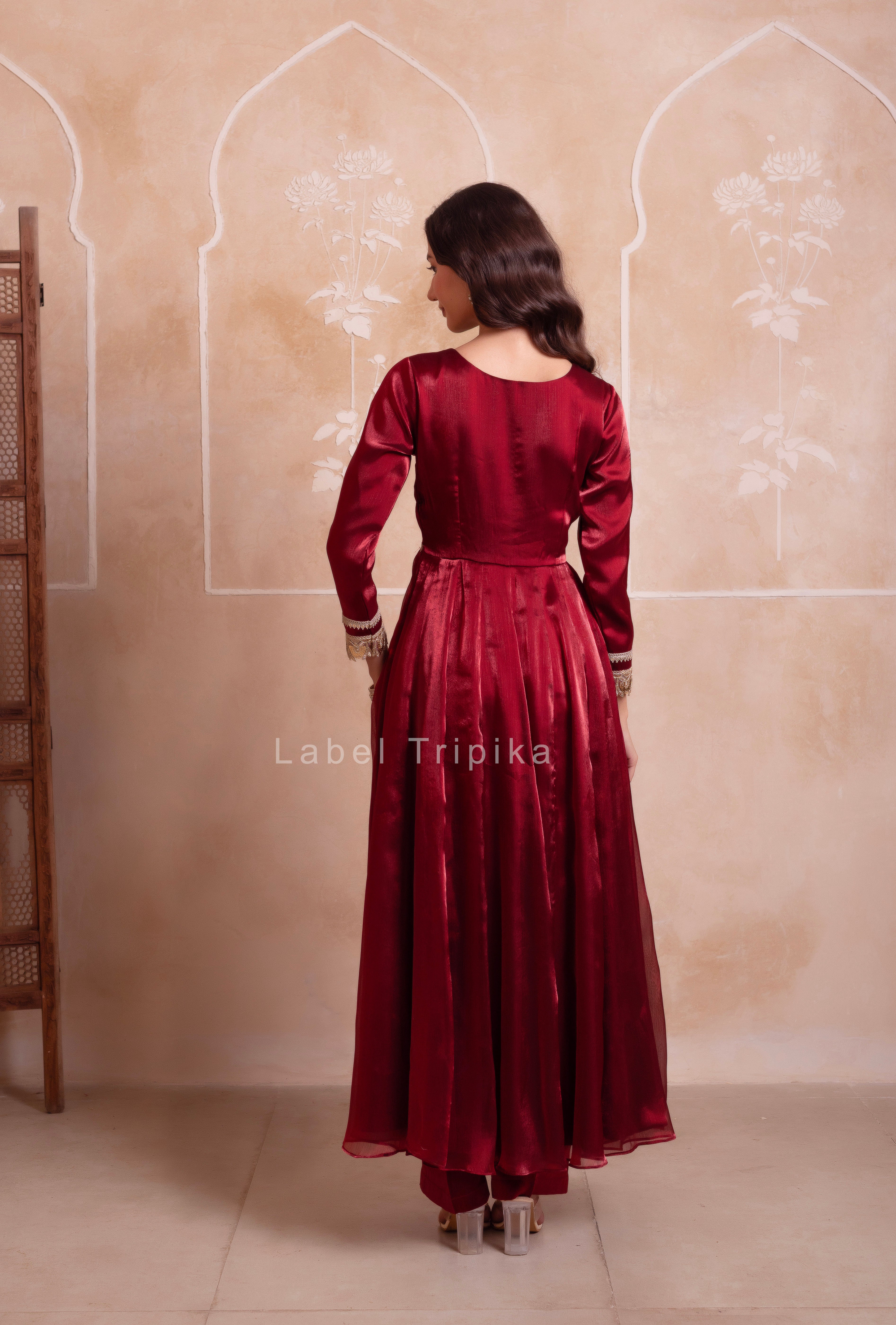 Maroon Organza Handwork Anarkali Suit Set