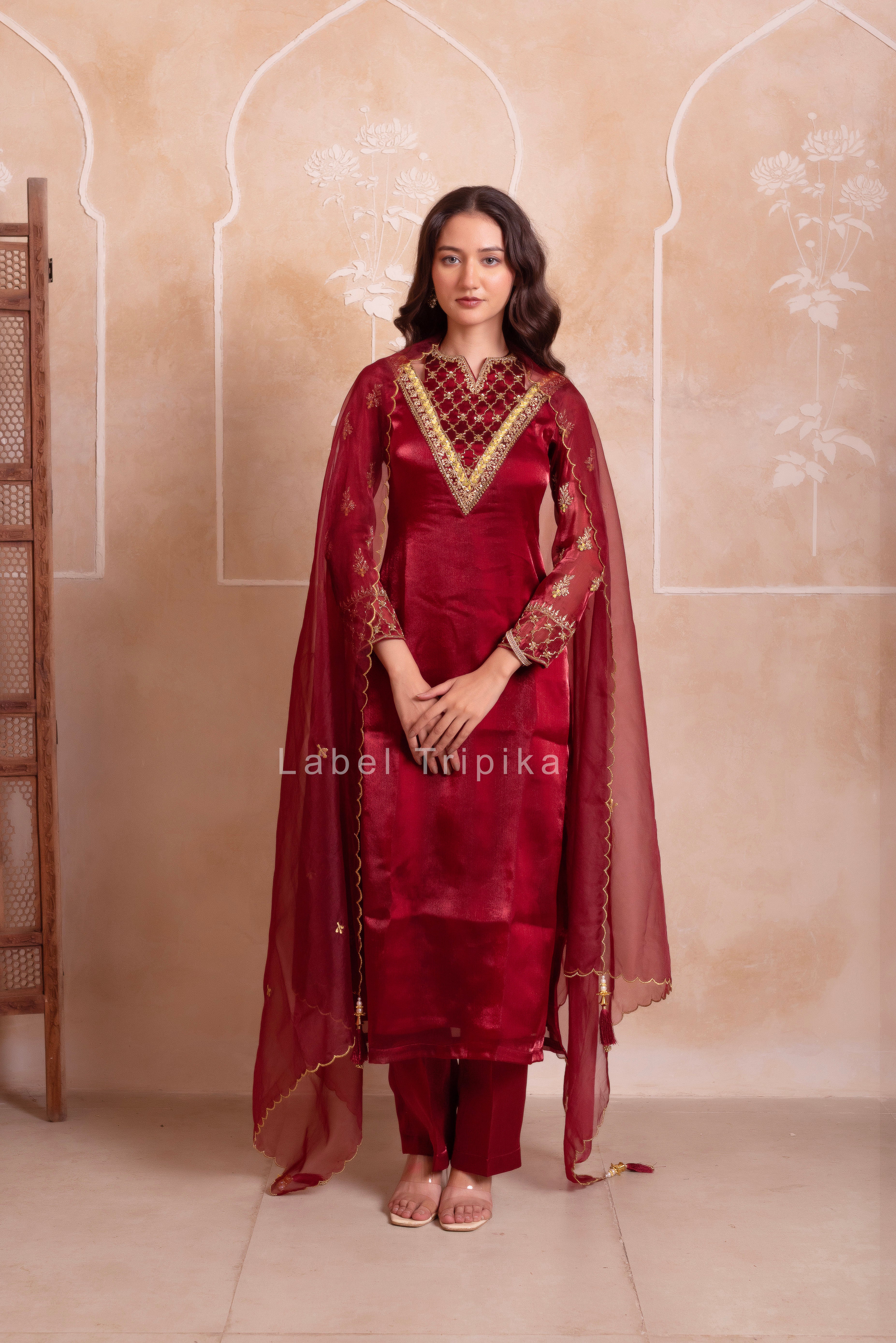 Maroon Organza Handwork Kurta Set