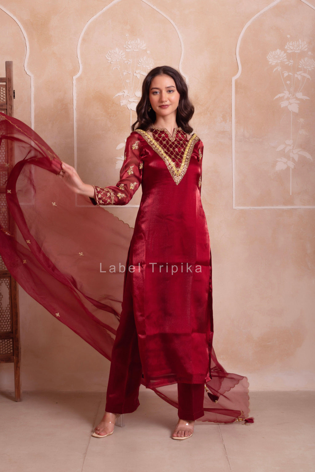 Maroon Organza Handwork Kurta Set - LabelTrpika | Premium Womens Wear