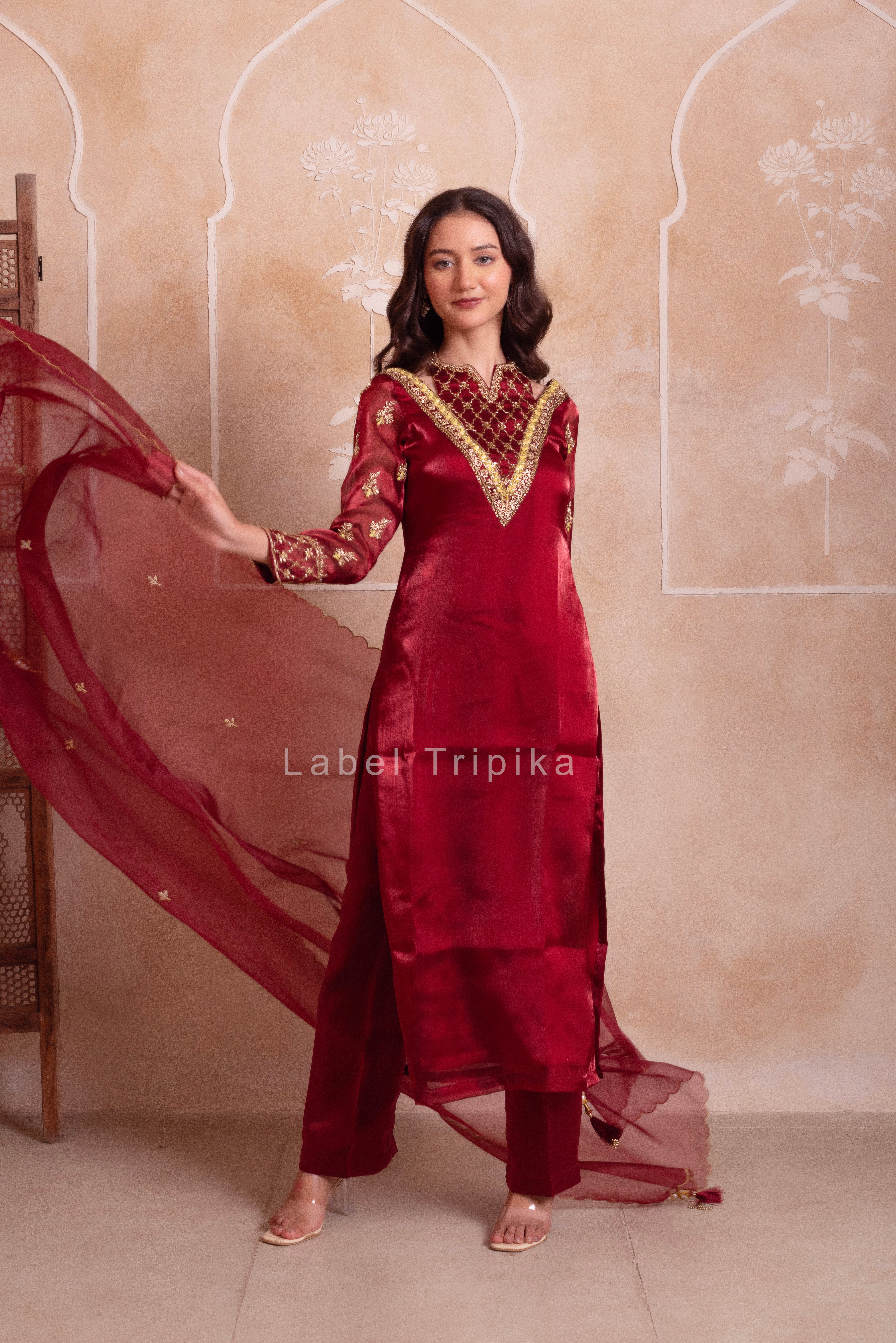 Maroon Organza Handwork Kurta Set