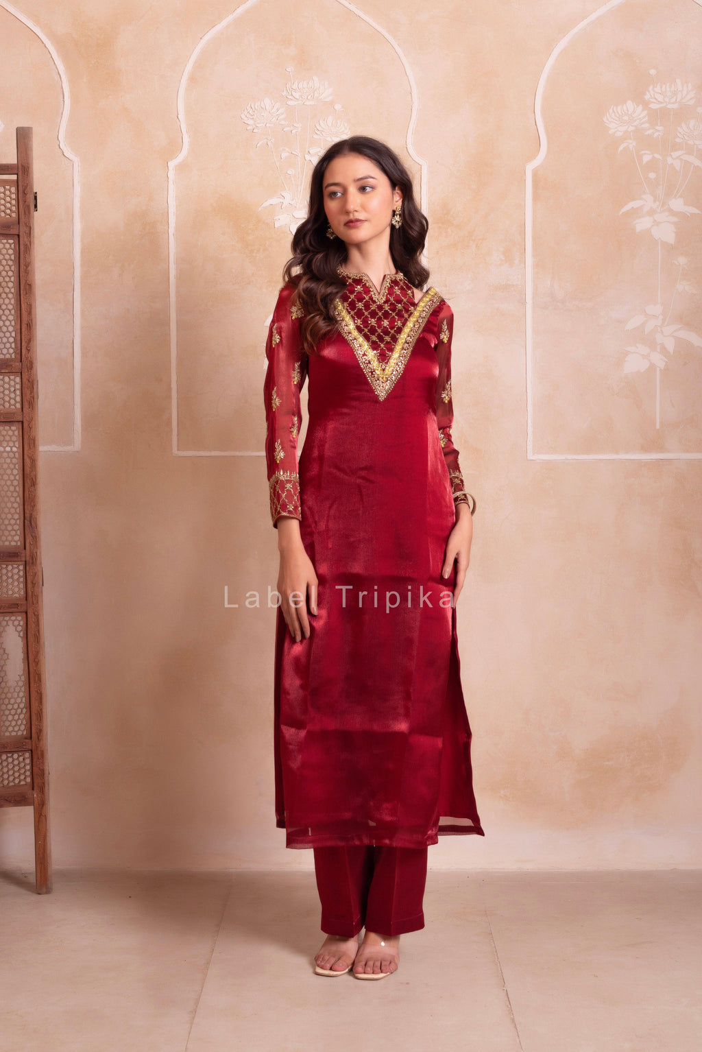 Maroon Organza Handwork Kurta Set - LabelTrpika | Premium Womens Wear