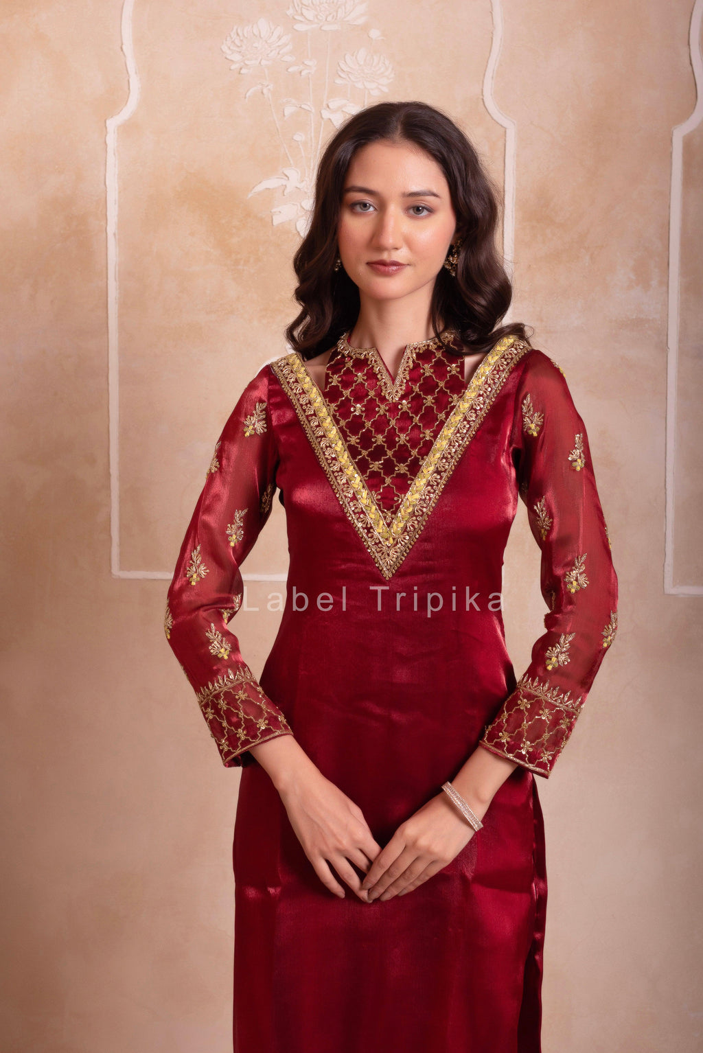 Maroon Organza Handwork Kurta Set - LabelTrpika | Premium Womens Wear