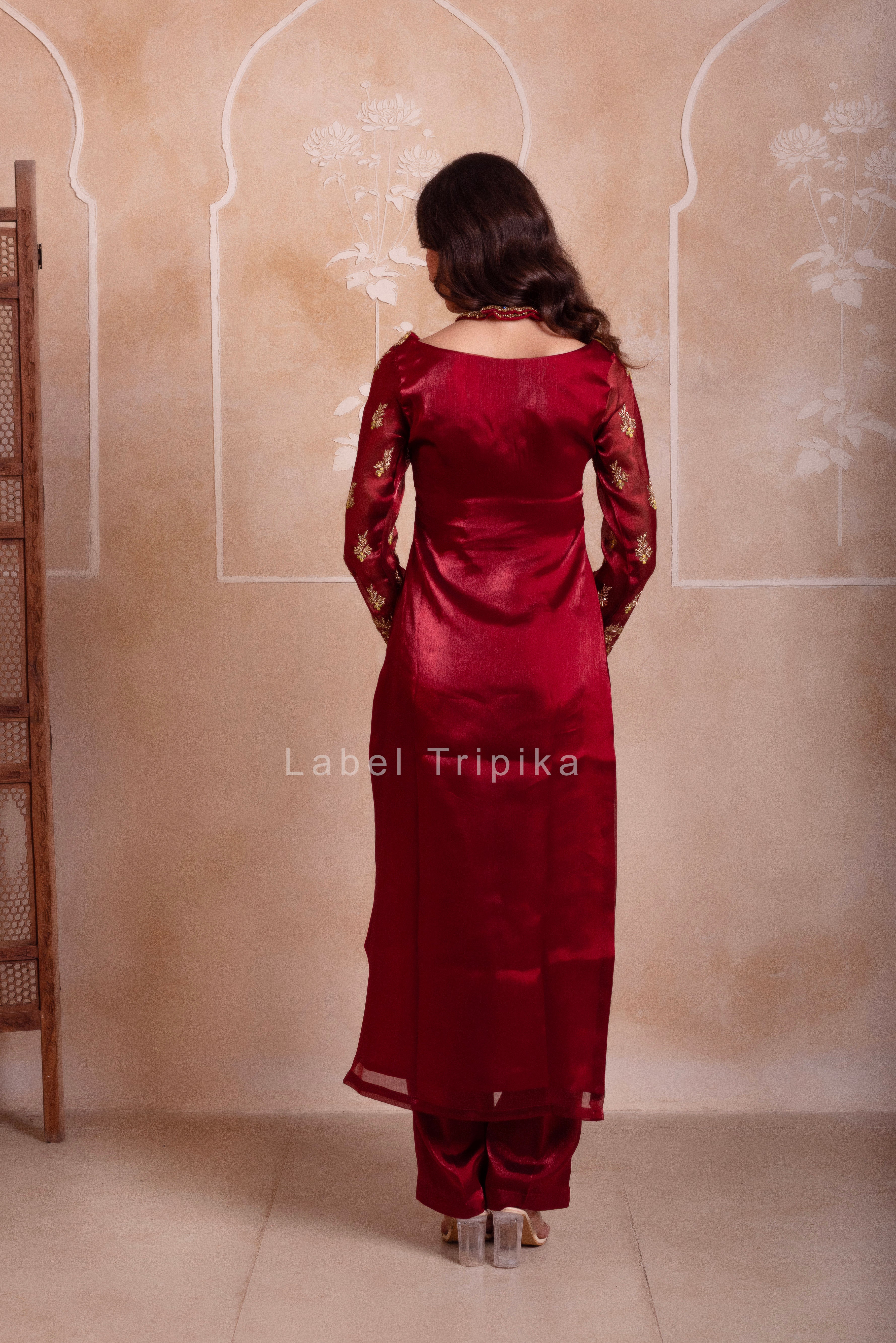 Maroon Organza Handwork Kurta Set