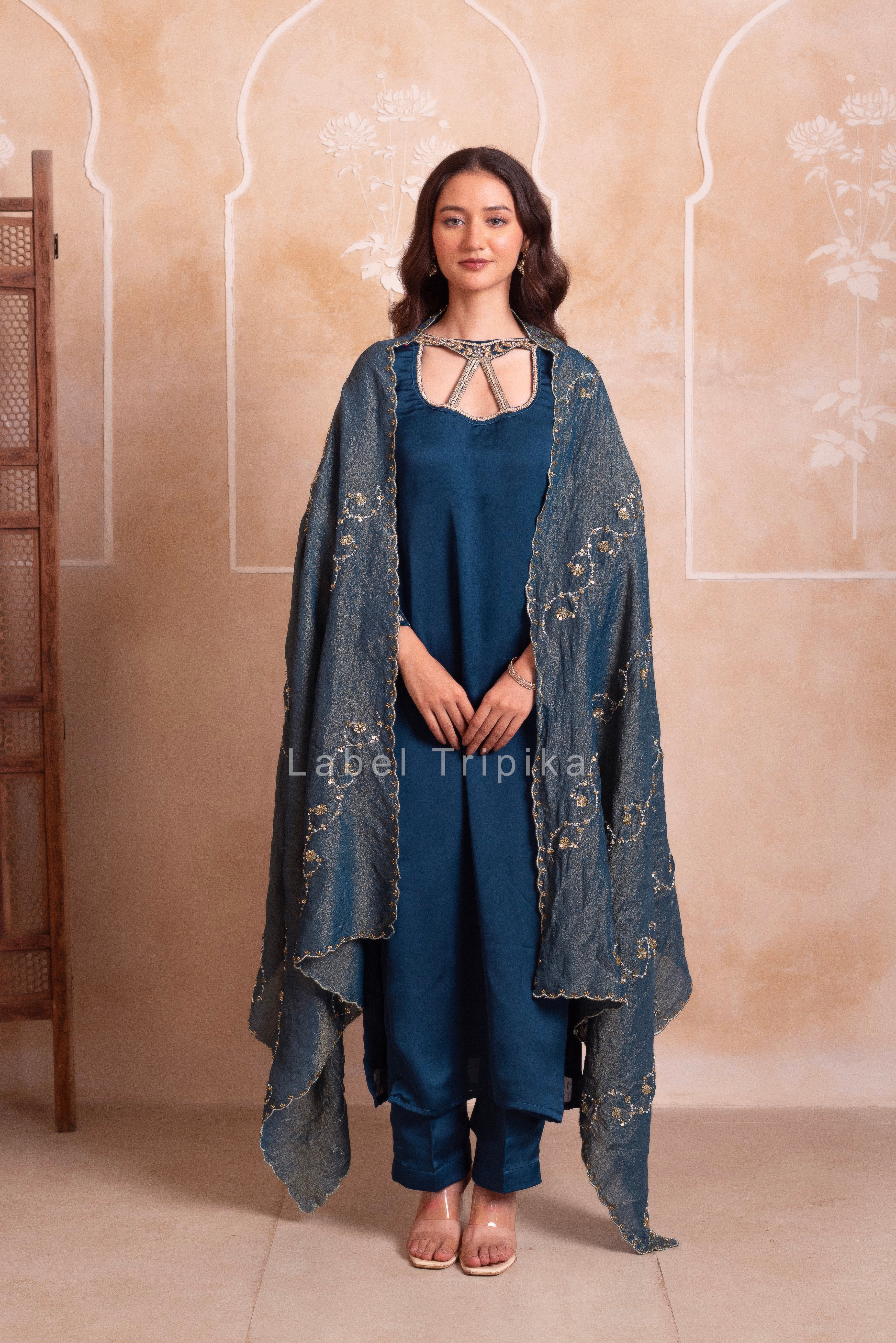 Teal Blue Satin Handwork Pakistani Kurta Set With Tissue Handwork Dupatta