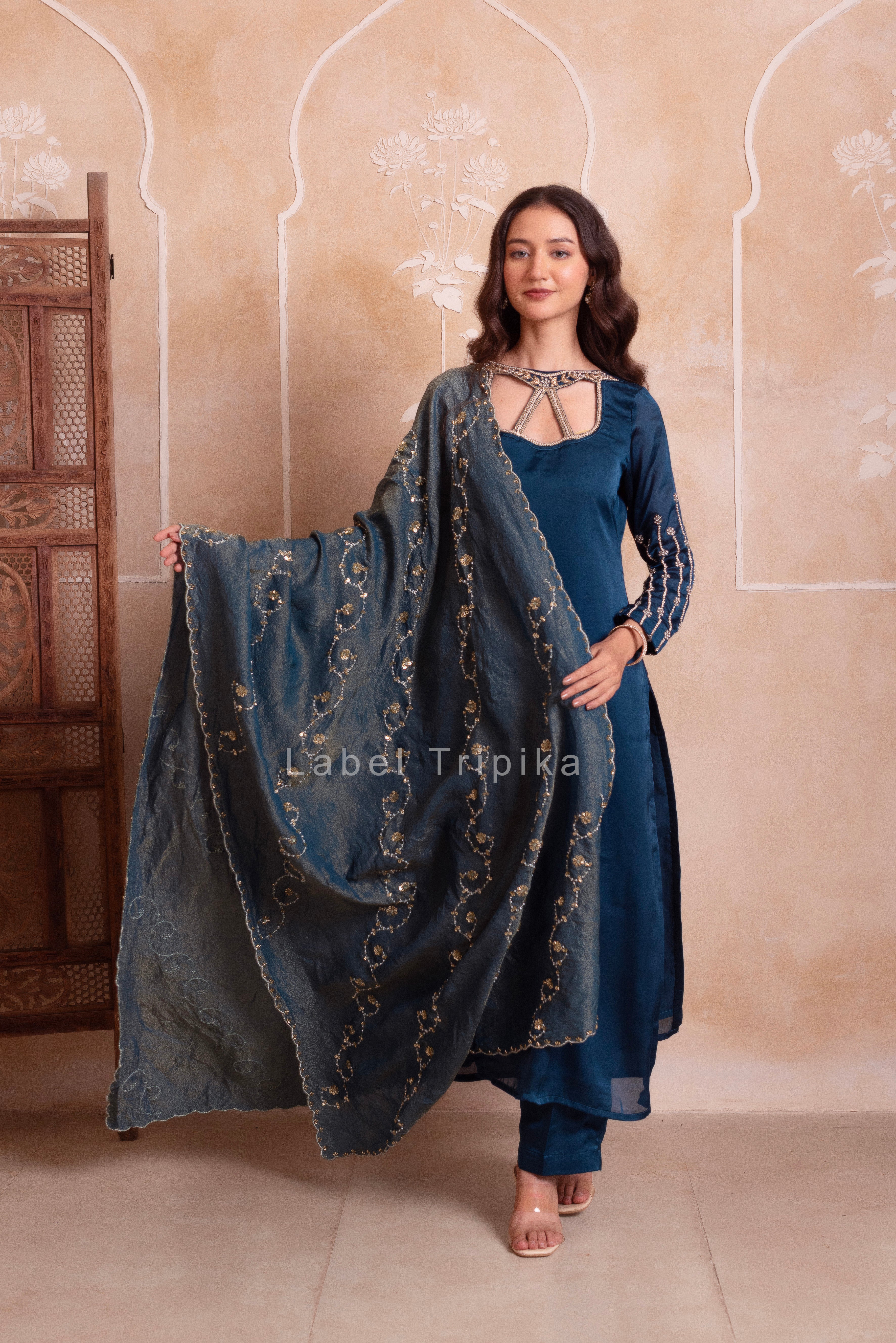 Teal Blue Satin Handwork Pakistani Kurta Set With Tissue Handwork Dupatta