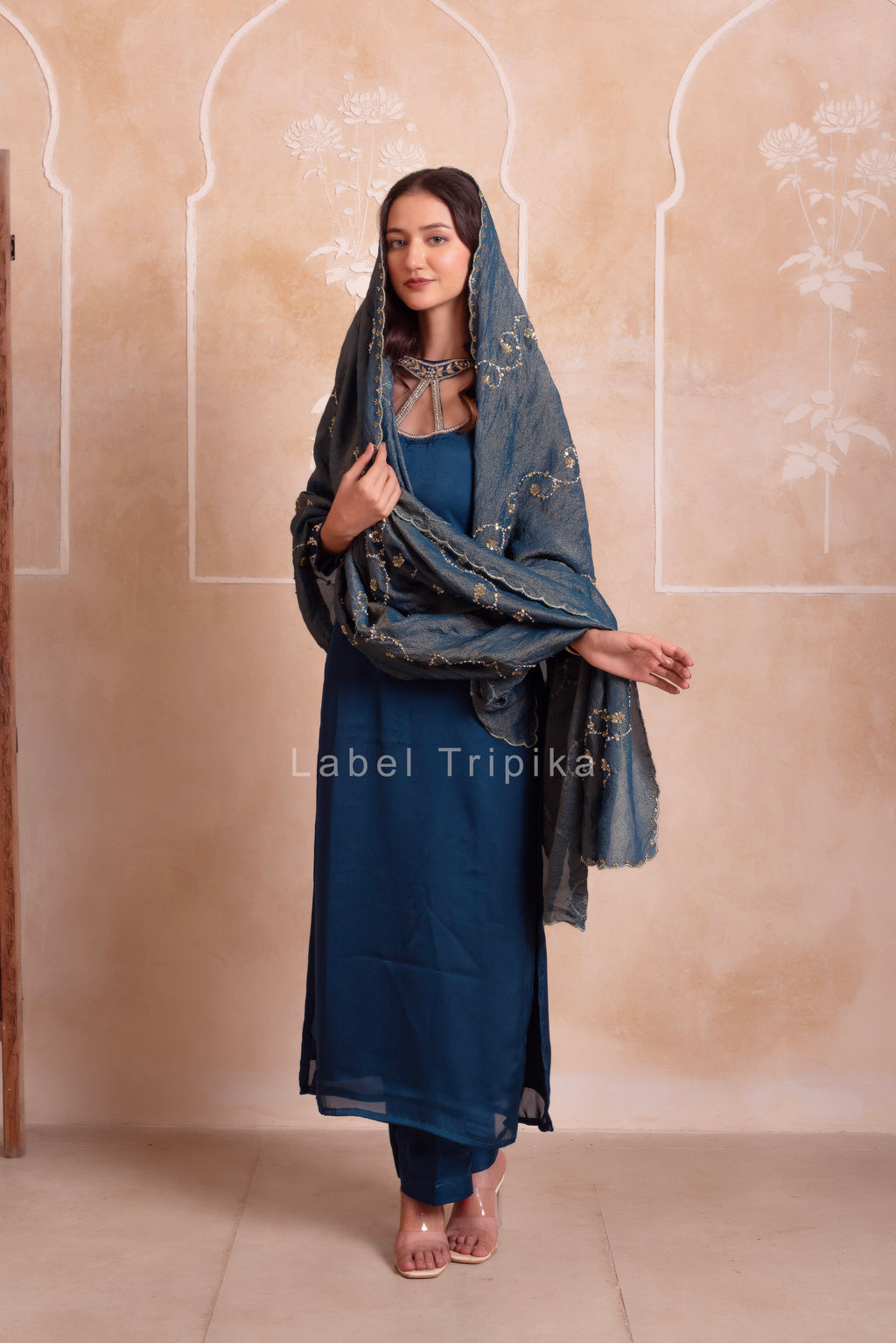 Teal Blue Satin Handwork Pakistani Kurta Set With Tissue Handwork Dupatta
