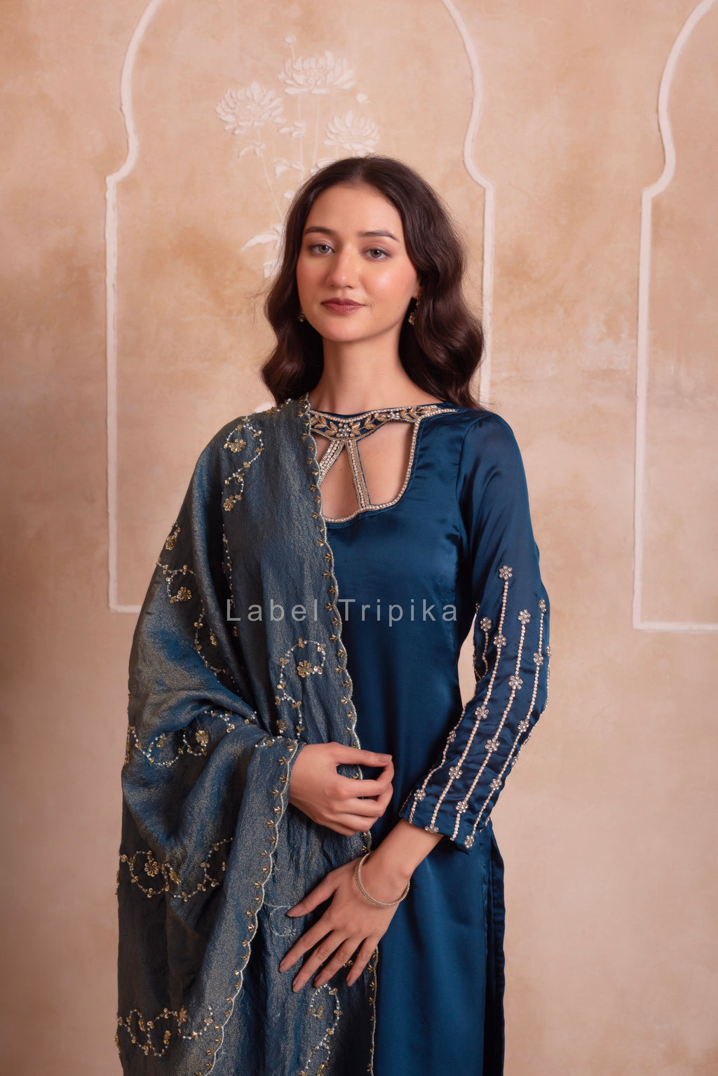 Teal Blue Satin Handwork Pakistani Kurta Set With Tissue Handwork Dupatta