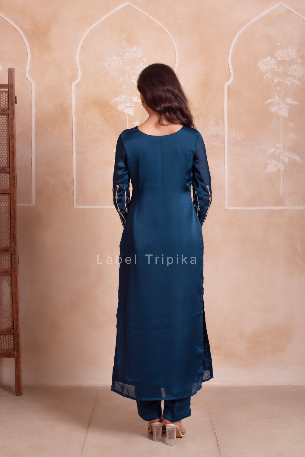 Teal Blue Satin Handwork Pakistani Kurta Set With Tissue Handwork Dupatta