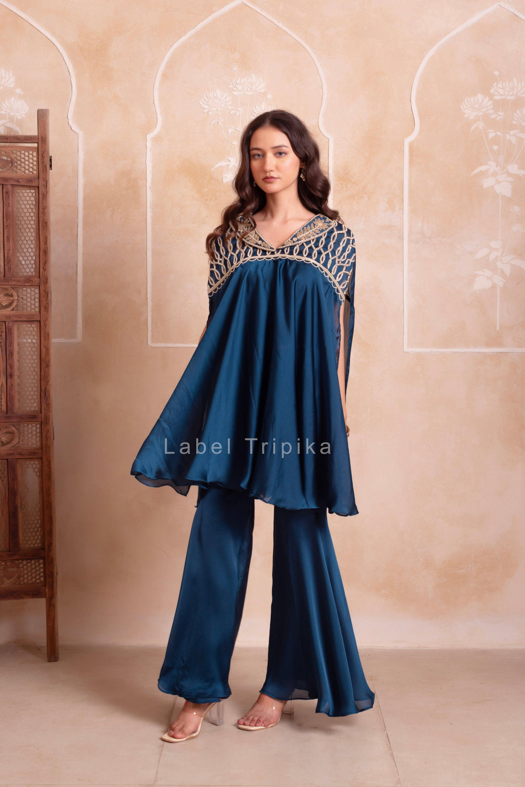 Teal Blue Satin Handwork Coord Set - LabelTrpika | Premium Womens Wear