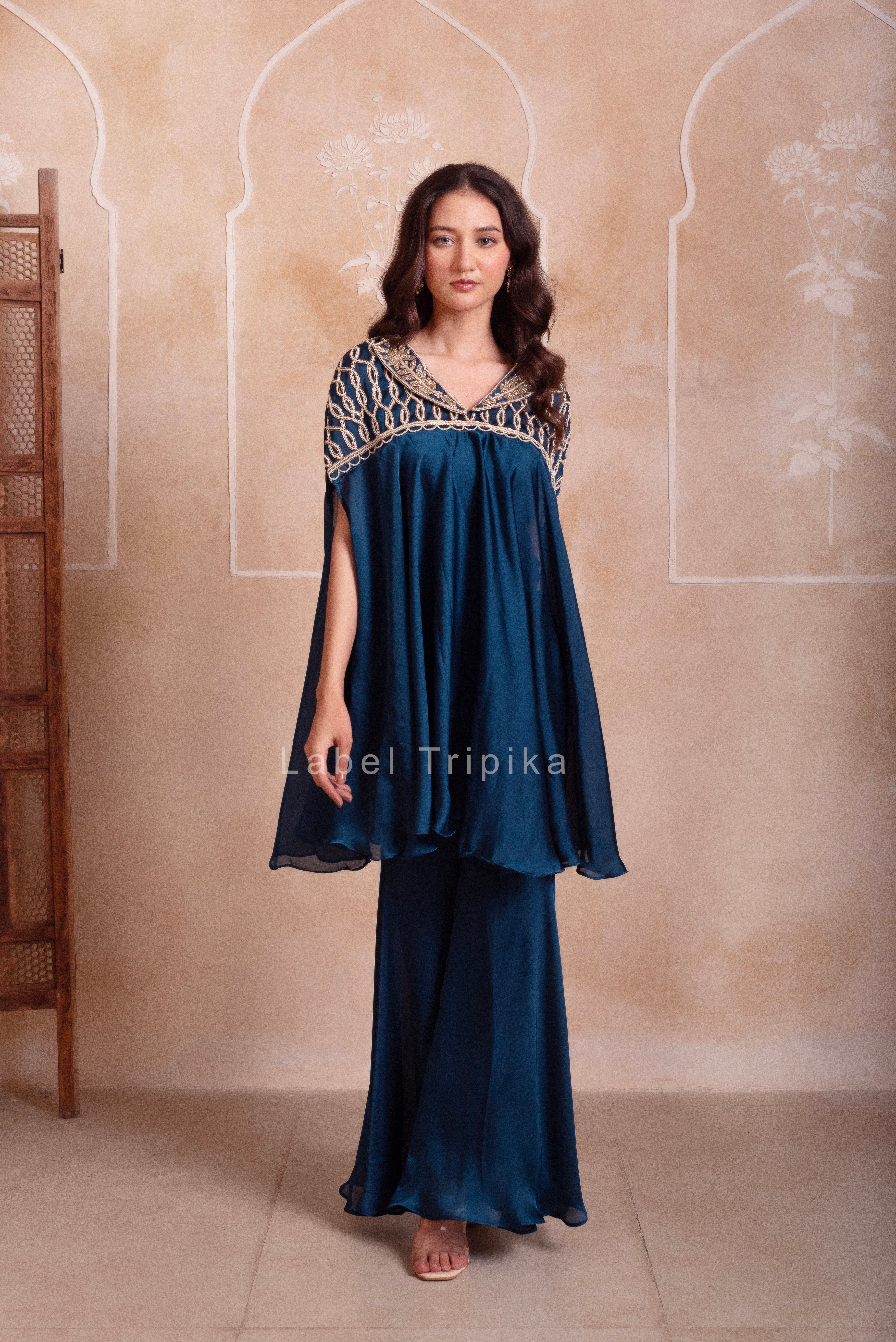 Teal Blue Satin Handwork Coord Set