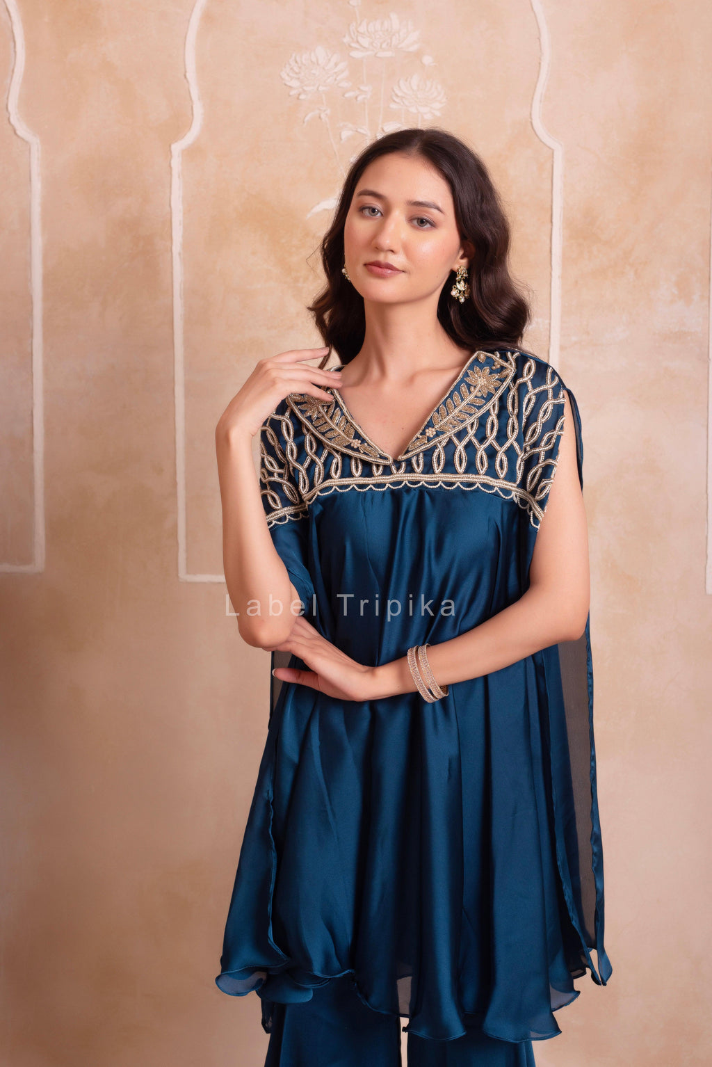 Teal Blue Satin Handwork Coord Set - LabelTrpika | Premium Womens Wear