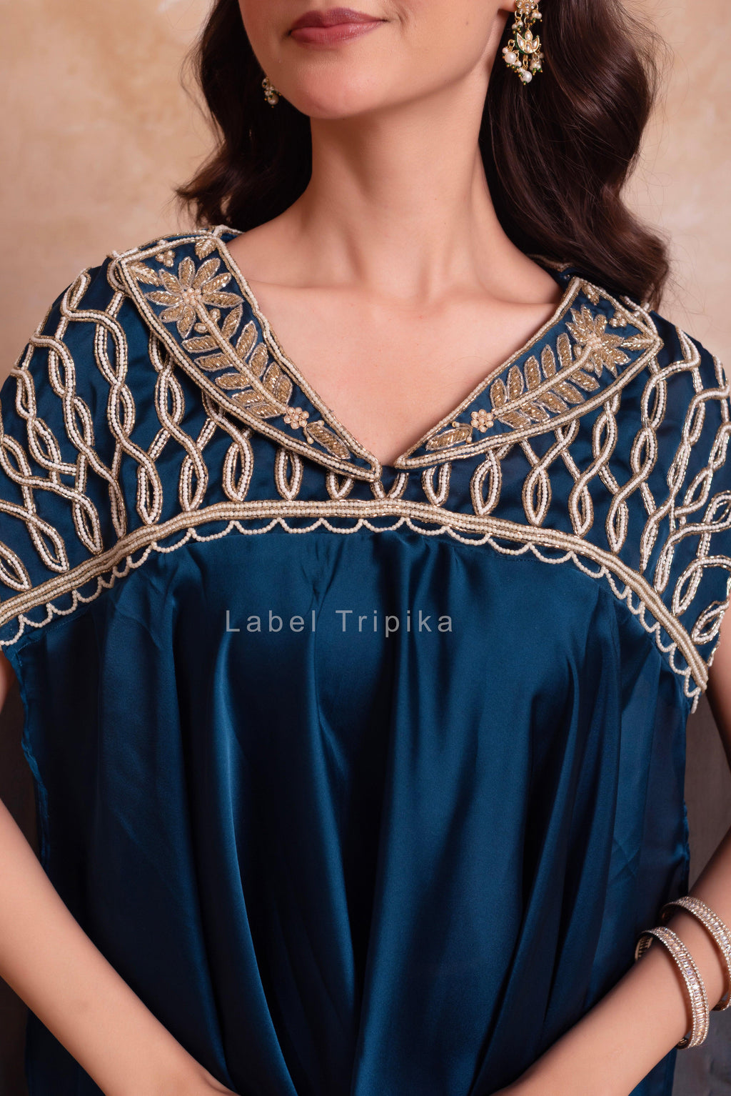 Teal Blue Satin Handwork Coord Set - LabelTrpika | Premium Womens Wear