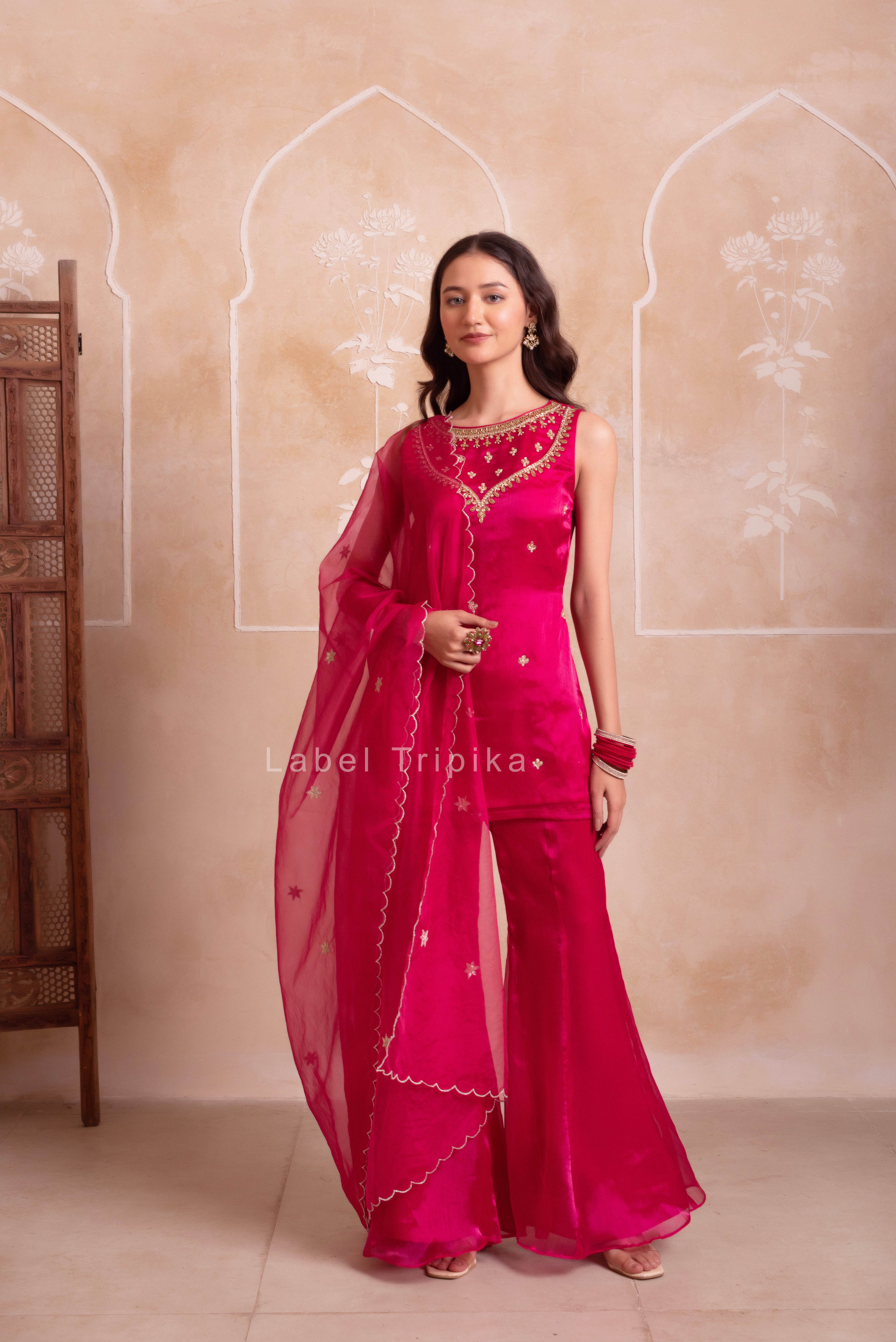 Magenta Organza Handwork Palazzo Set With Embroidered Dupatta
