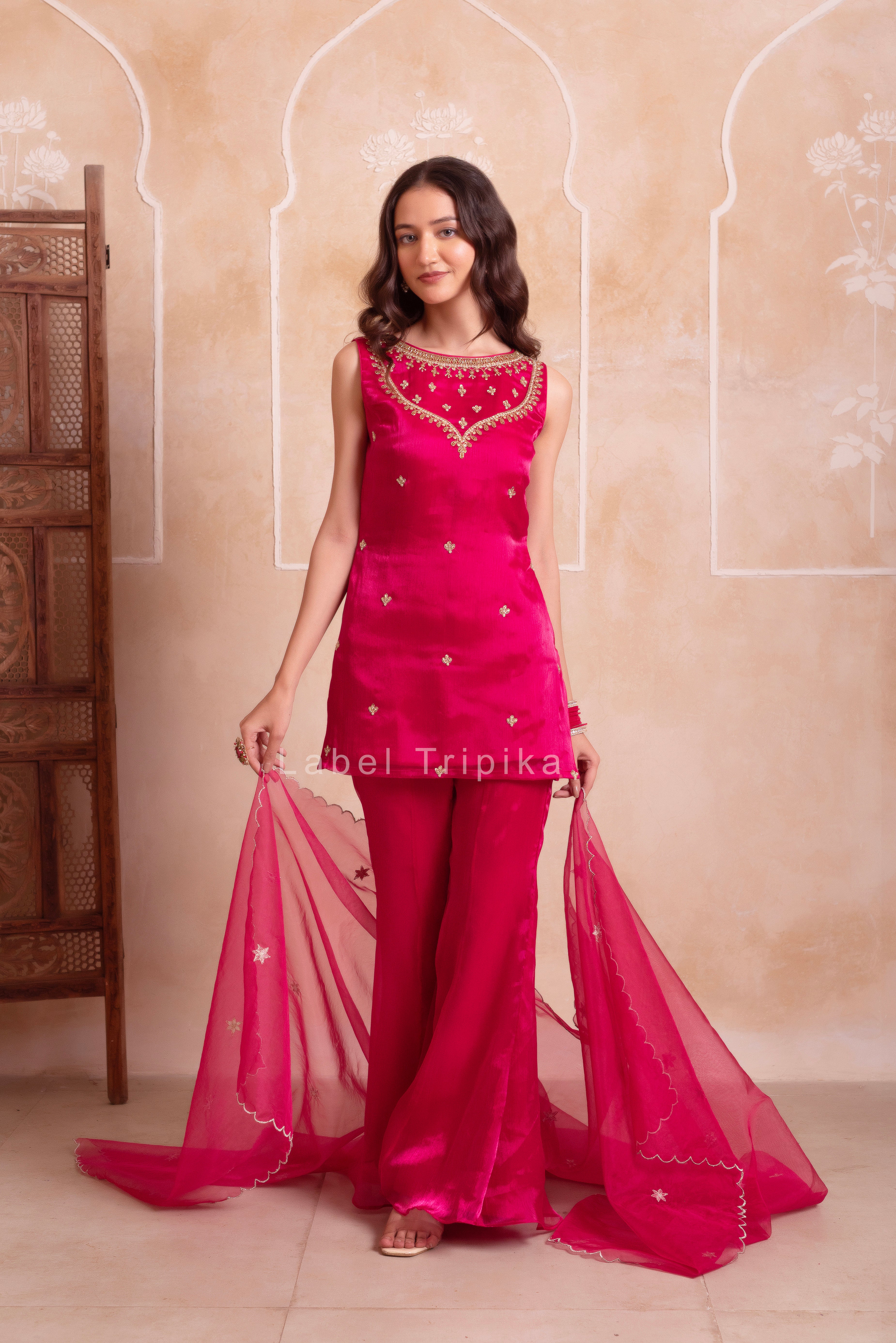 Magenta Organza Handwork Palazzo Set With Embroidered Dupatta