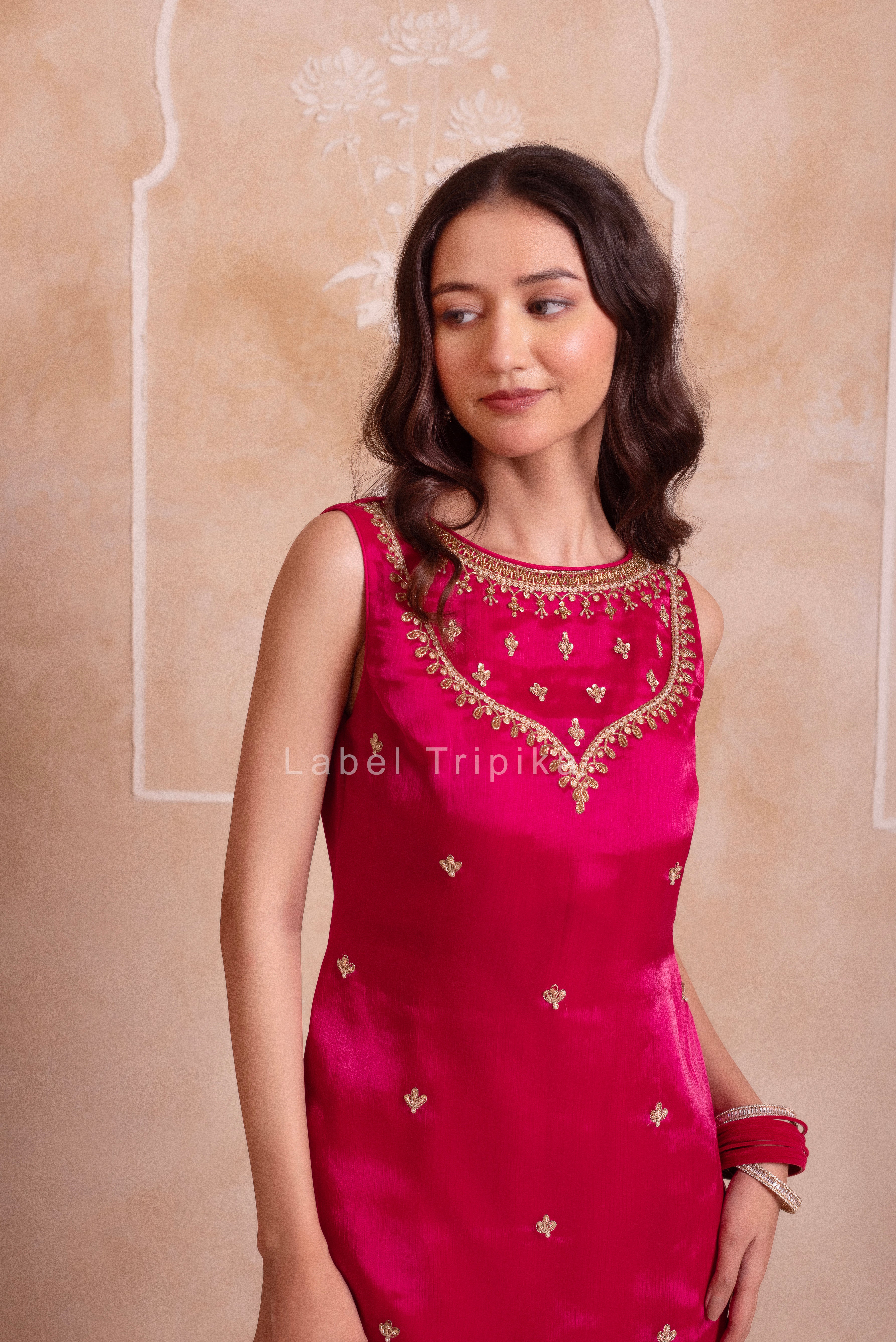 Magenta Organza Handwork Palazzo Set With Embroidered Dupatta