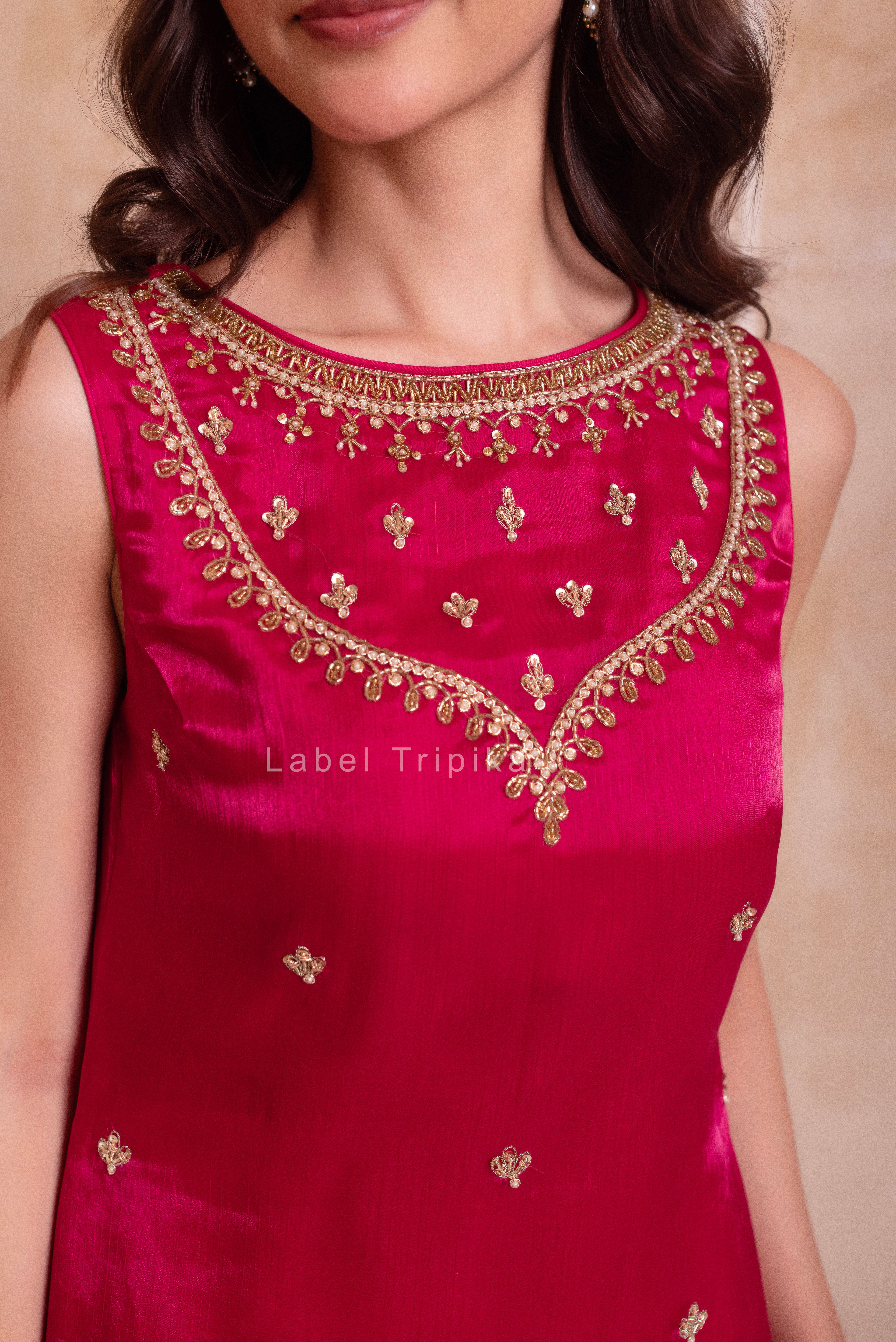 Magenta Organza Handwork Palazzo Set With Embroidered Dupatta