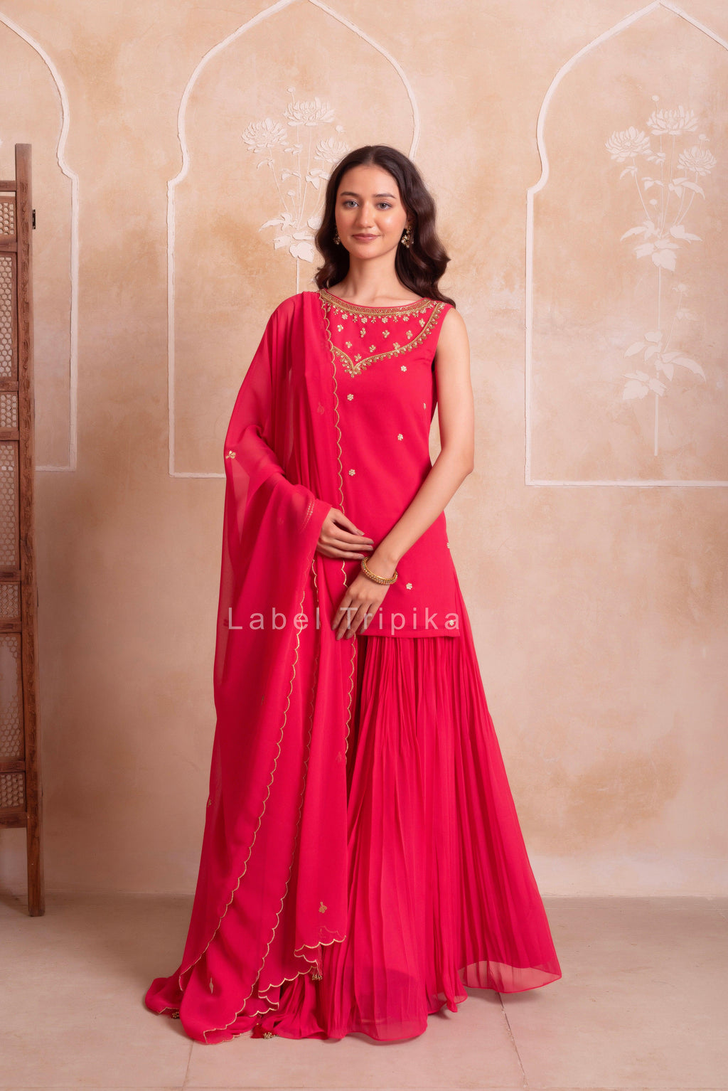 Carrot Pink Georgette Handwork Sharara Set With Handwork Dupatta - LabelTrpika | Premium Womens Wear