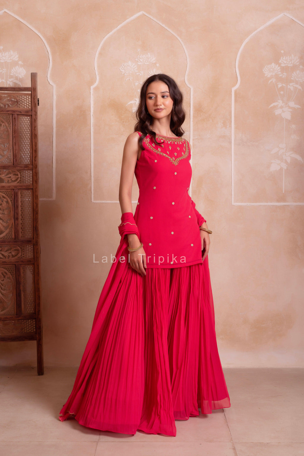 Carrot Pink Georgette Handwork Sharara Set With Handwork Dupatta - LabelTrpika | Premium Womens Wear