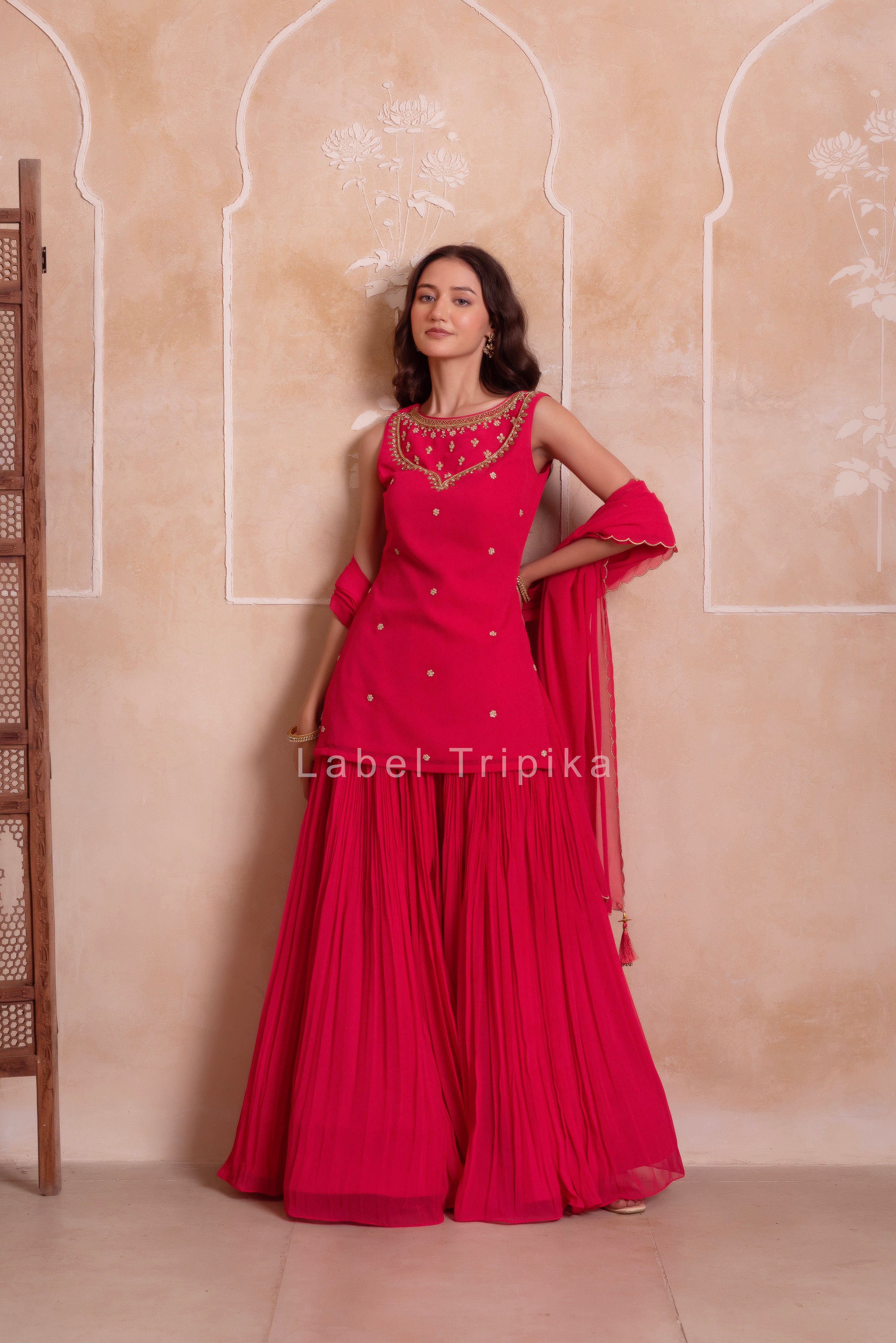 Carrot Pink Georgette Handwork Sharara Set With Handwork Dupatta