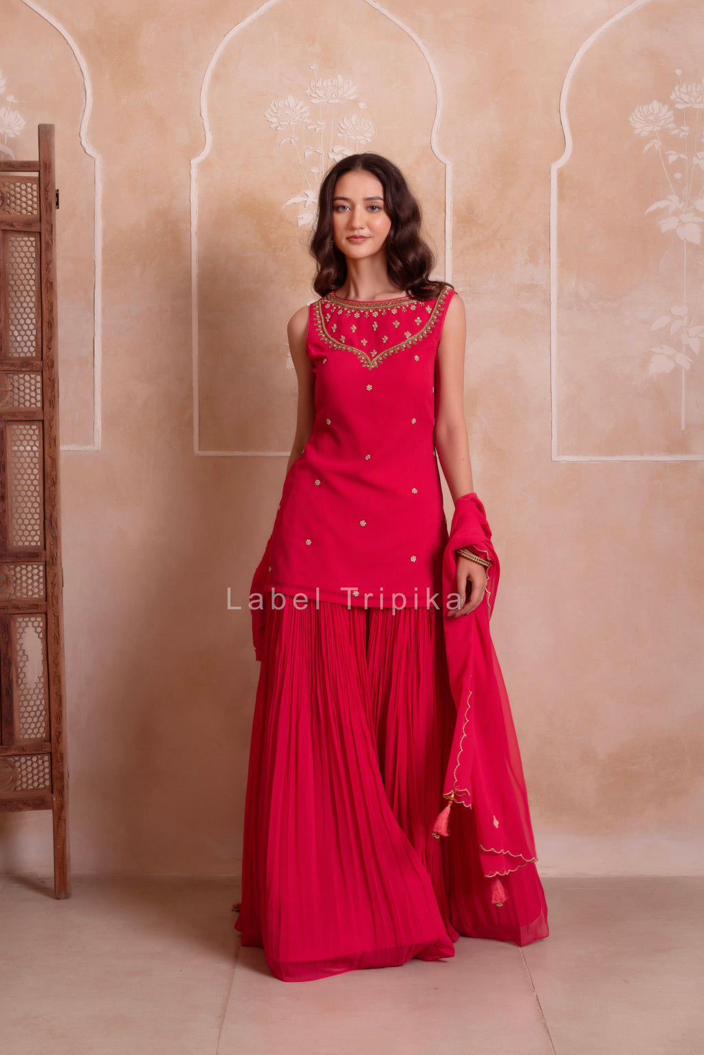 Carrot Pink Georgette Handwork Sharara Set With Handwork Dupatta - LabelTrpika | Premium Womens Wear