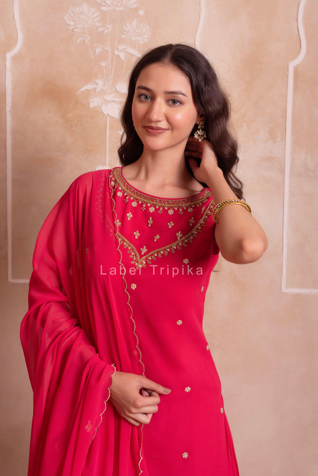 Carrot Pink Georgette Handwork Sharara Set With Handwork Dupatta - LabelTrpika | Premium Womens Wear