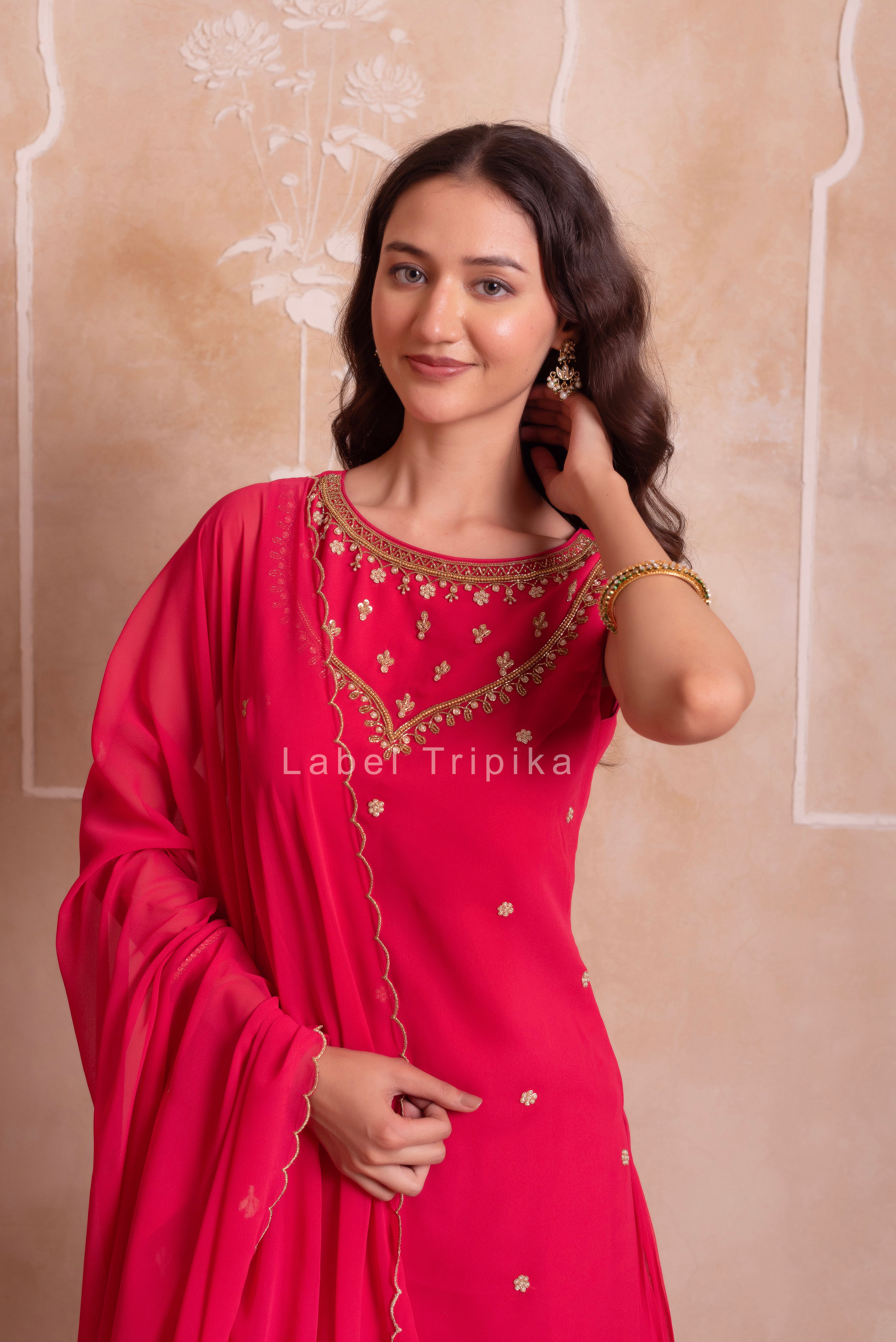 Carrot Pink Georgette Handwork Sharara Set With Handwork Dupatta