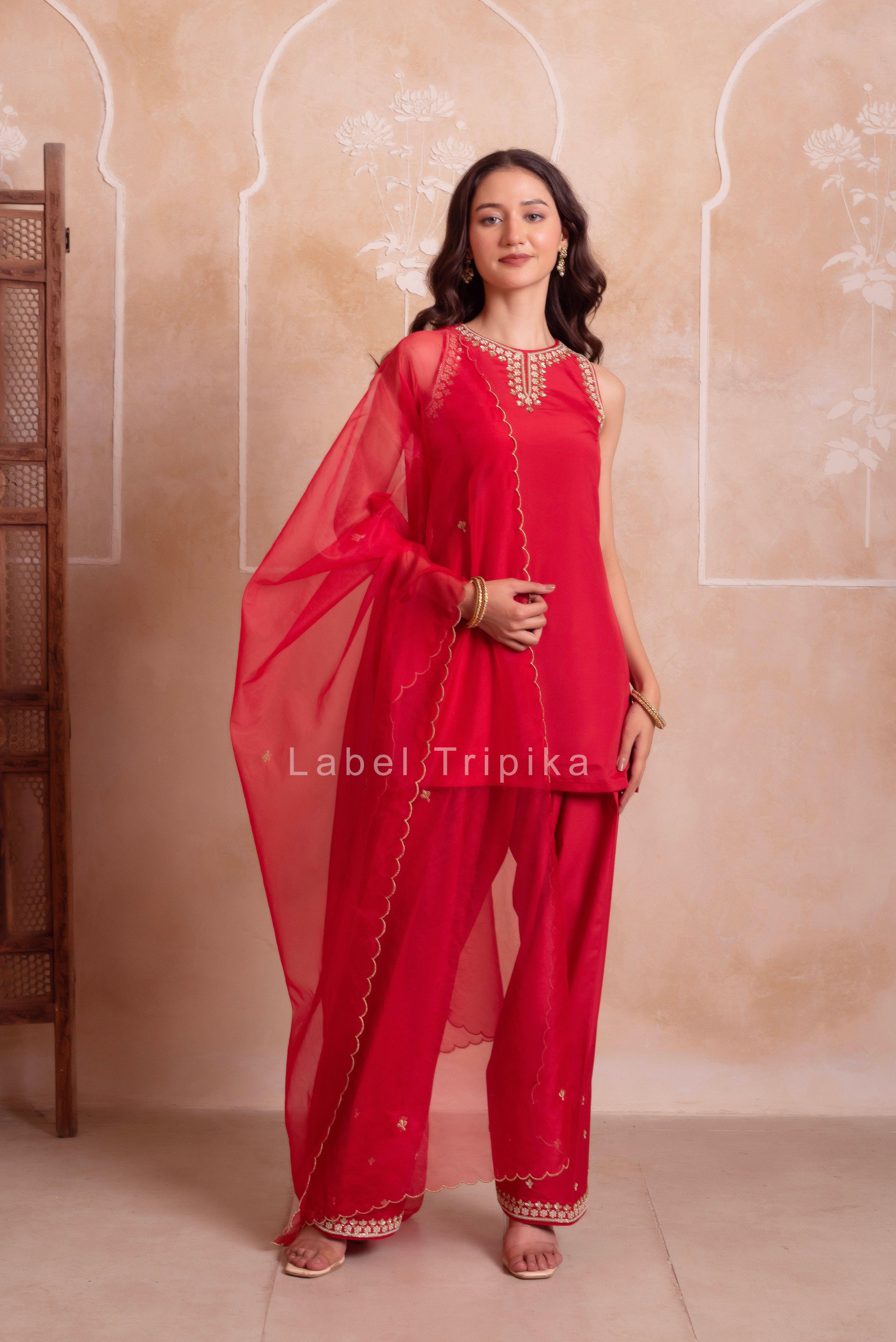 Red Farshi Kurta Salwar Handwork Dupattta Set - LabelTrpika | Premium Womens Wear