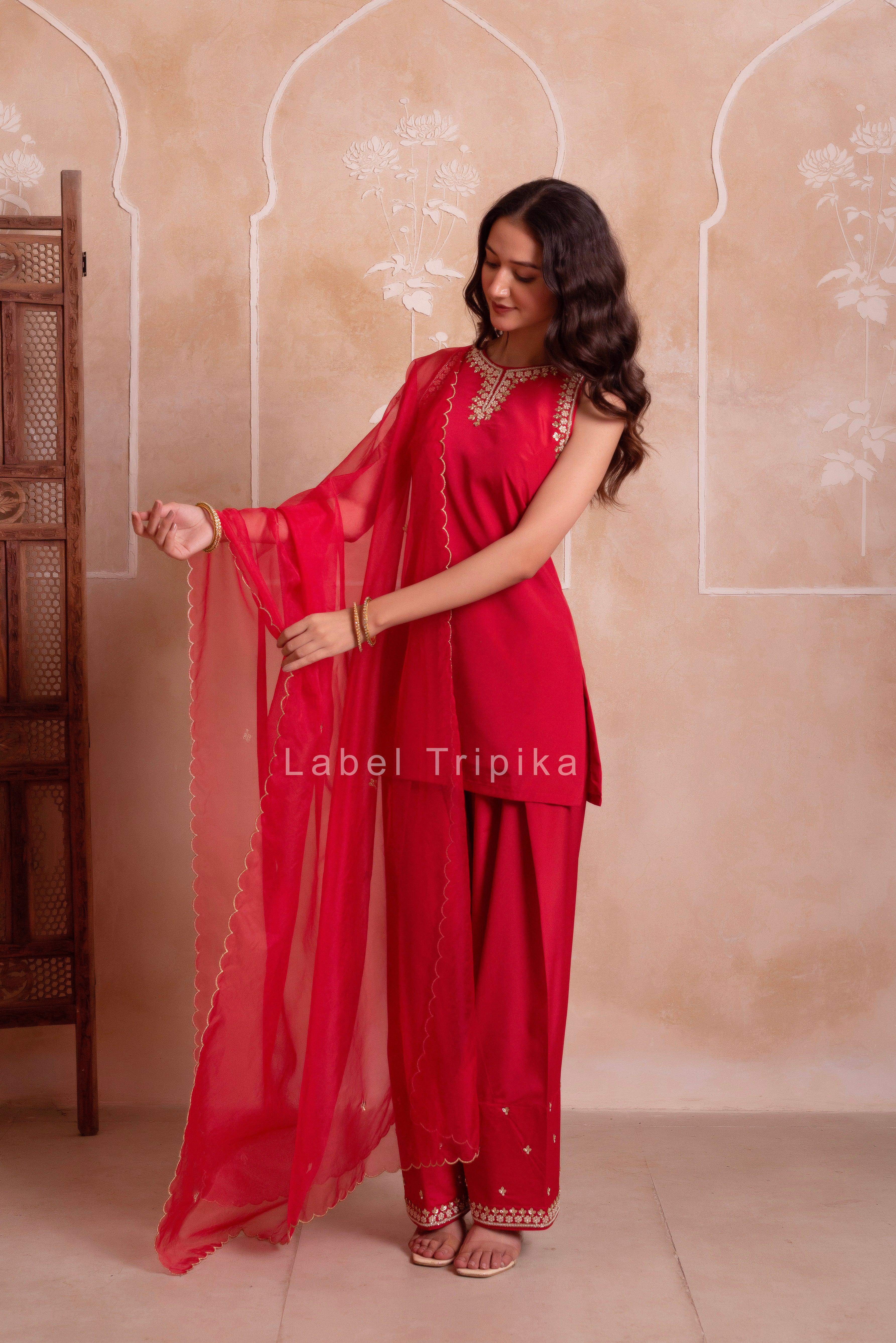 Red Farshi Kurta Salwar Handwork Dupattta Set - LabelTrpika | Premium Womens Wear