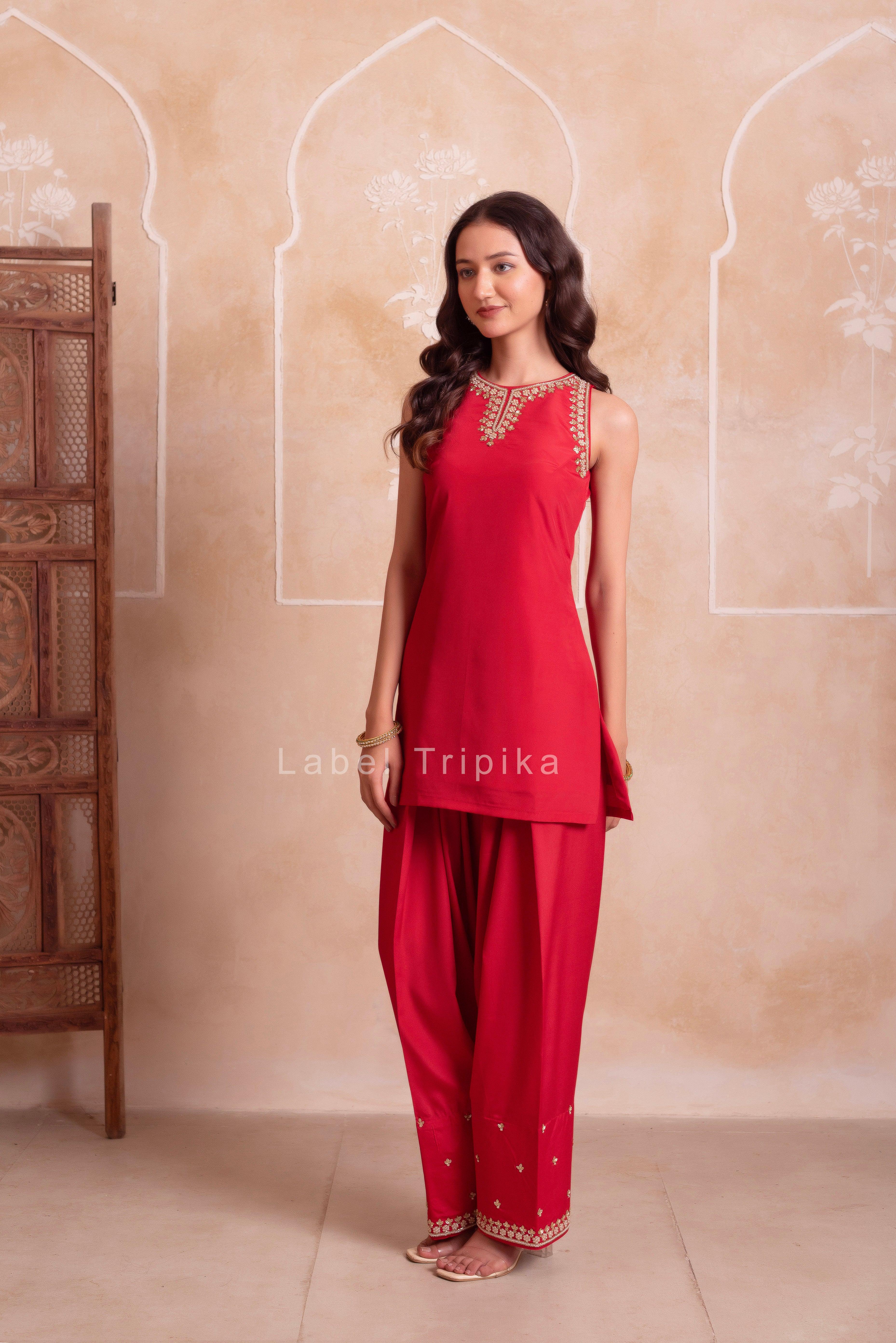 Red Farshi Kurta Salwar Handwork Dupattta Set - LabelTrpika | Premium Womens Wear