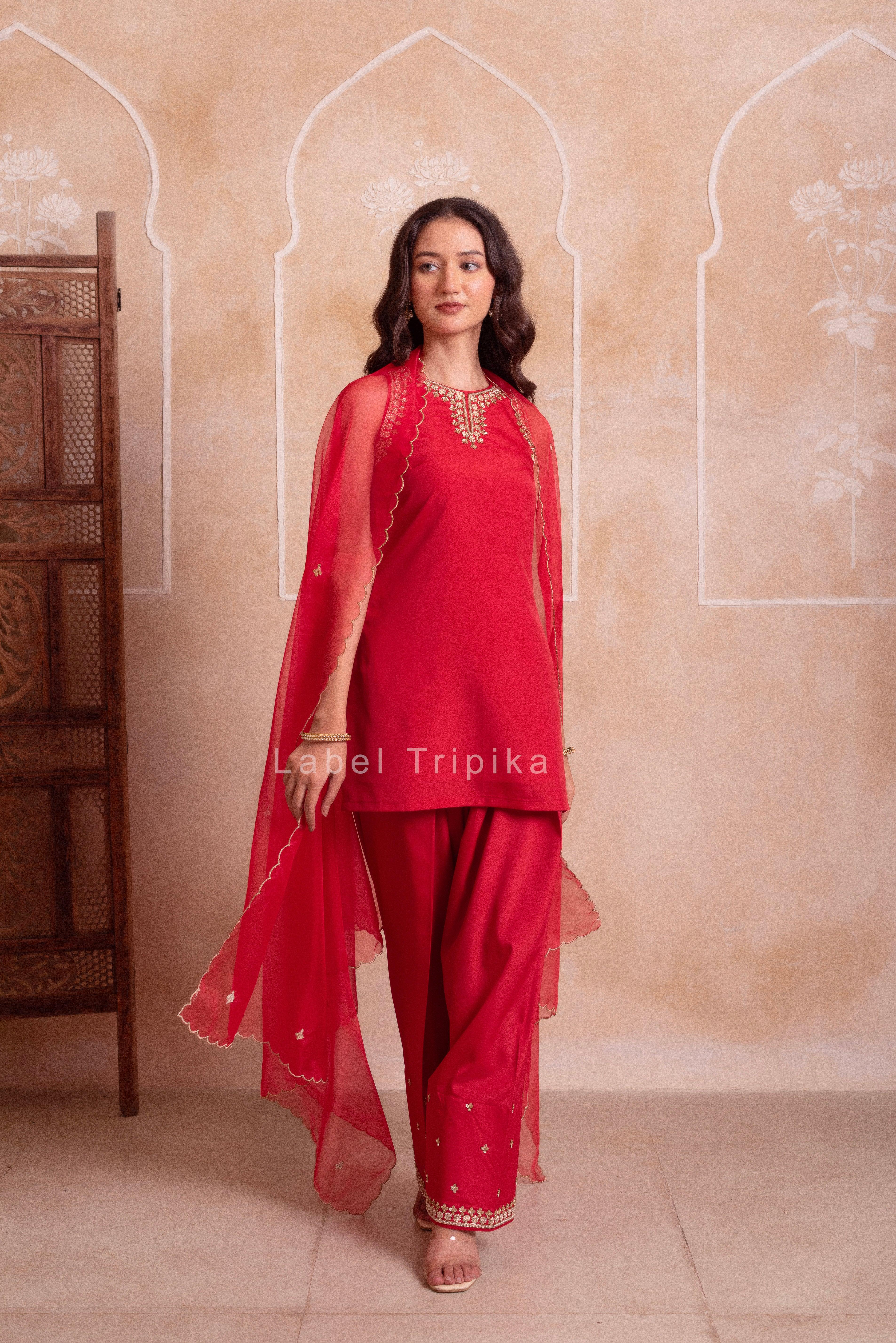 Red Farshi Kurta Salwar Handwork Dupattta Set - LabelTrpika | Premium Womens Wear