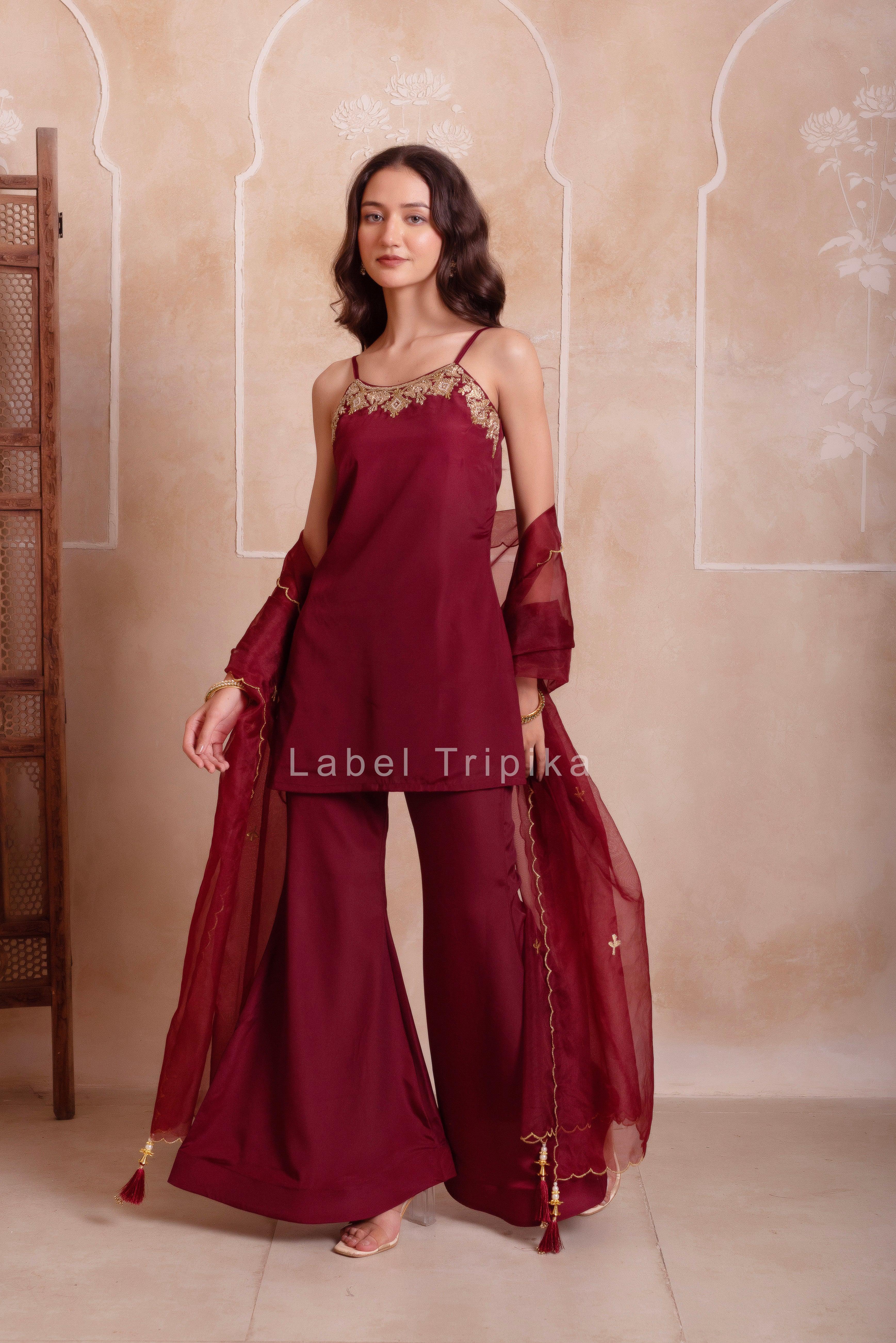 Maroon Handwork Sharara Set With Scalloped Dupatta - LabelTrpika | Premium Womens Wear