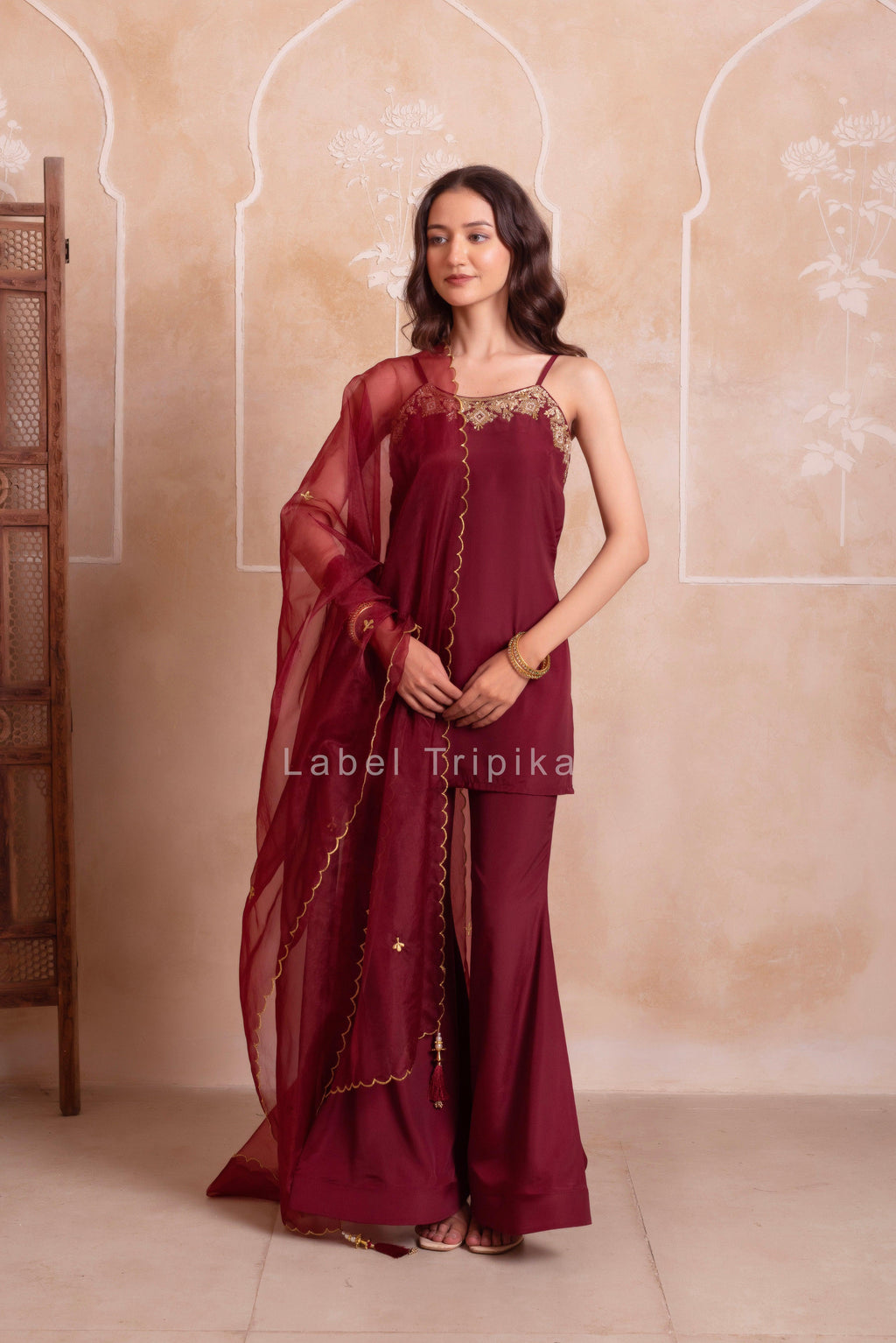Maroon Handwork Sharara Set With Scalloped Dupatta - LabelTrpika | Premium Womens Wear