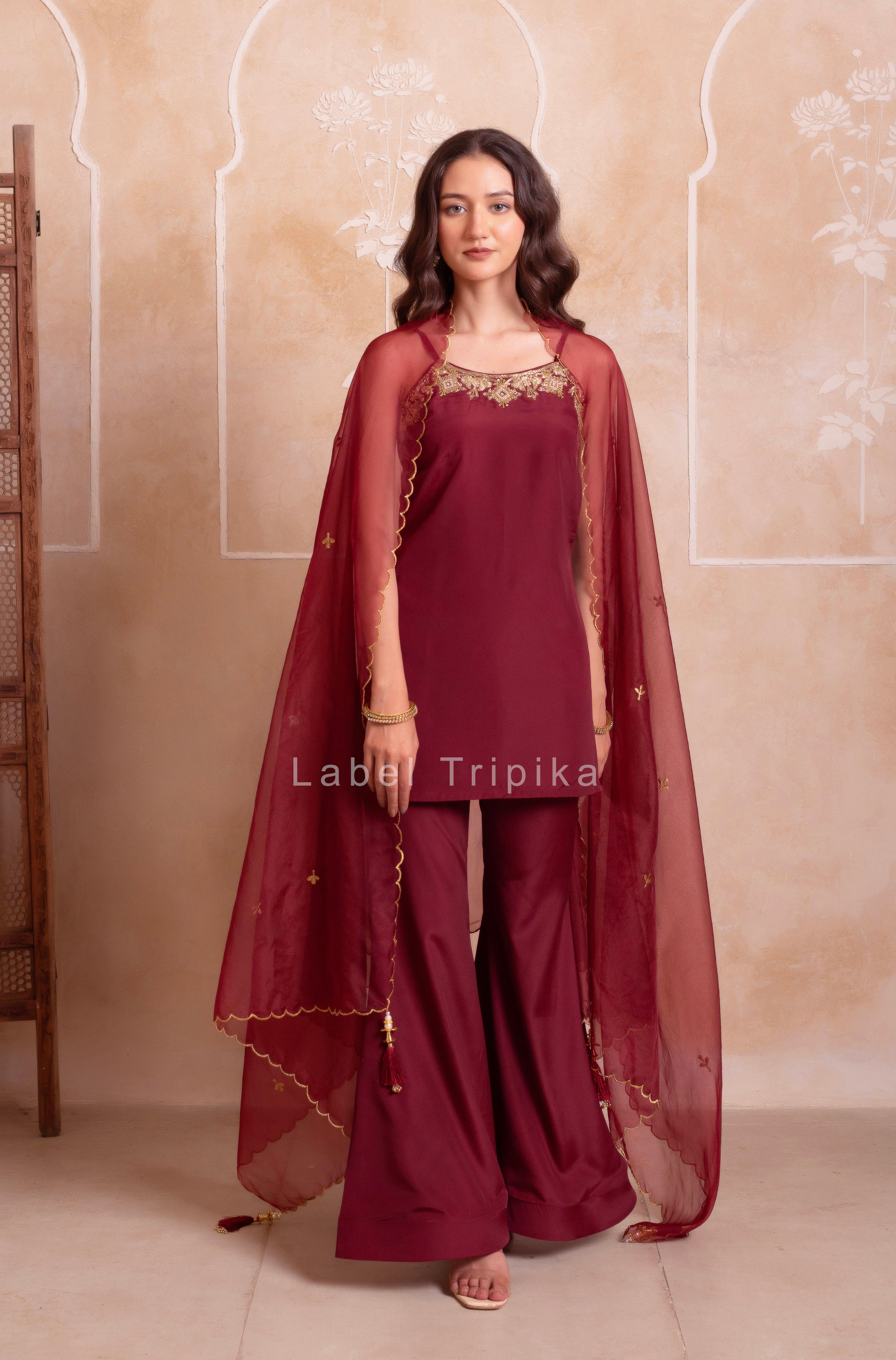 Maroon Handwork Sharara Set With Scalloped Dupatta - LabelTrpika | Premium Womens Wear