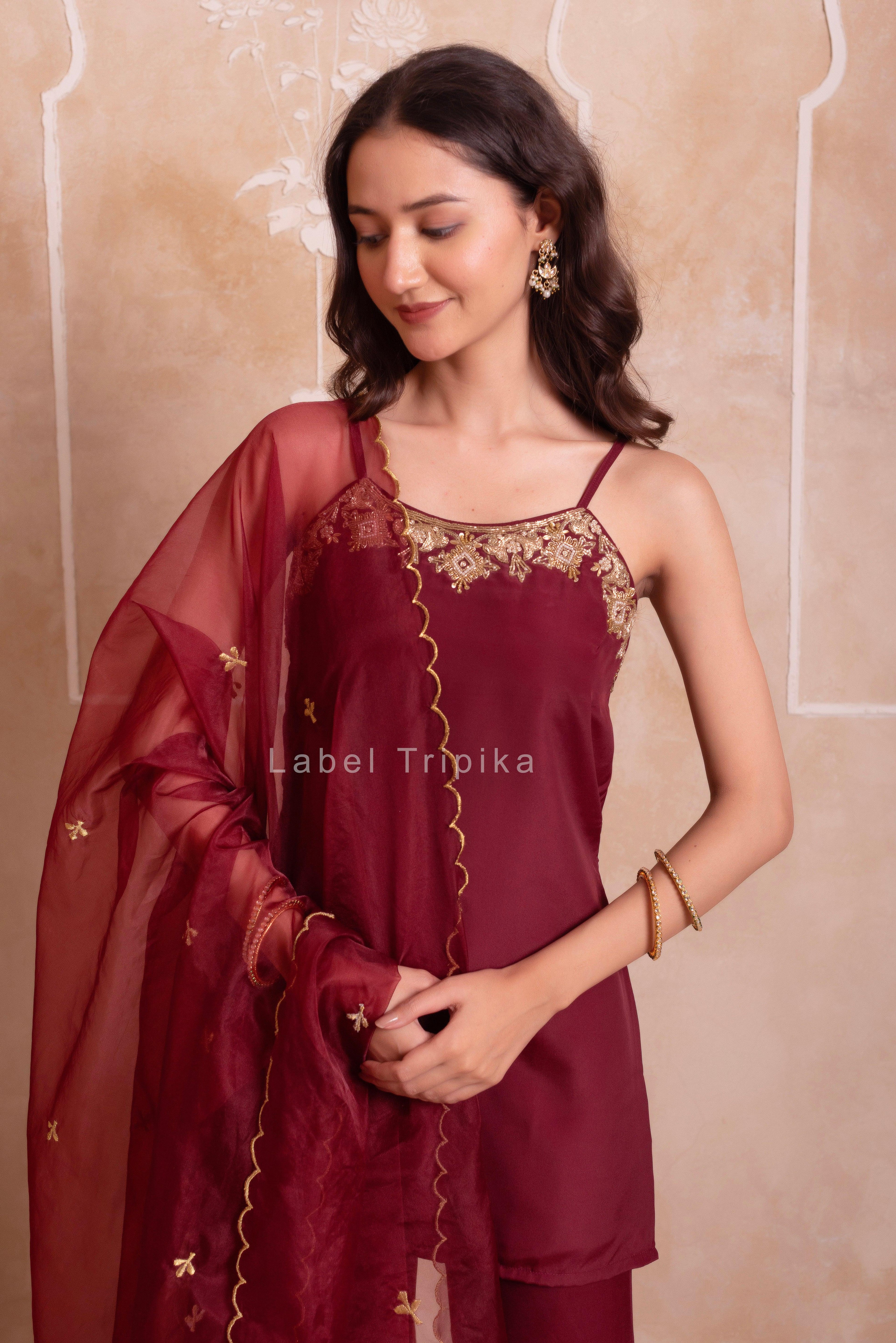 Maroon Handwork Sharara Set With Scalloped Dupatta - LabelTrpika | Premium Womens Wear