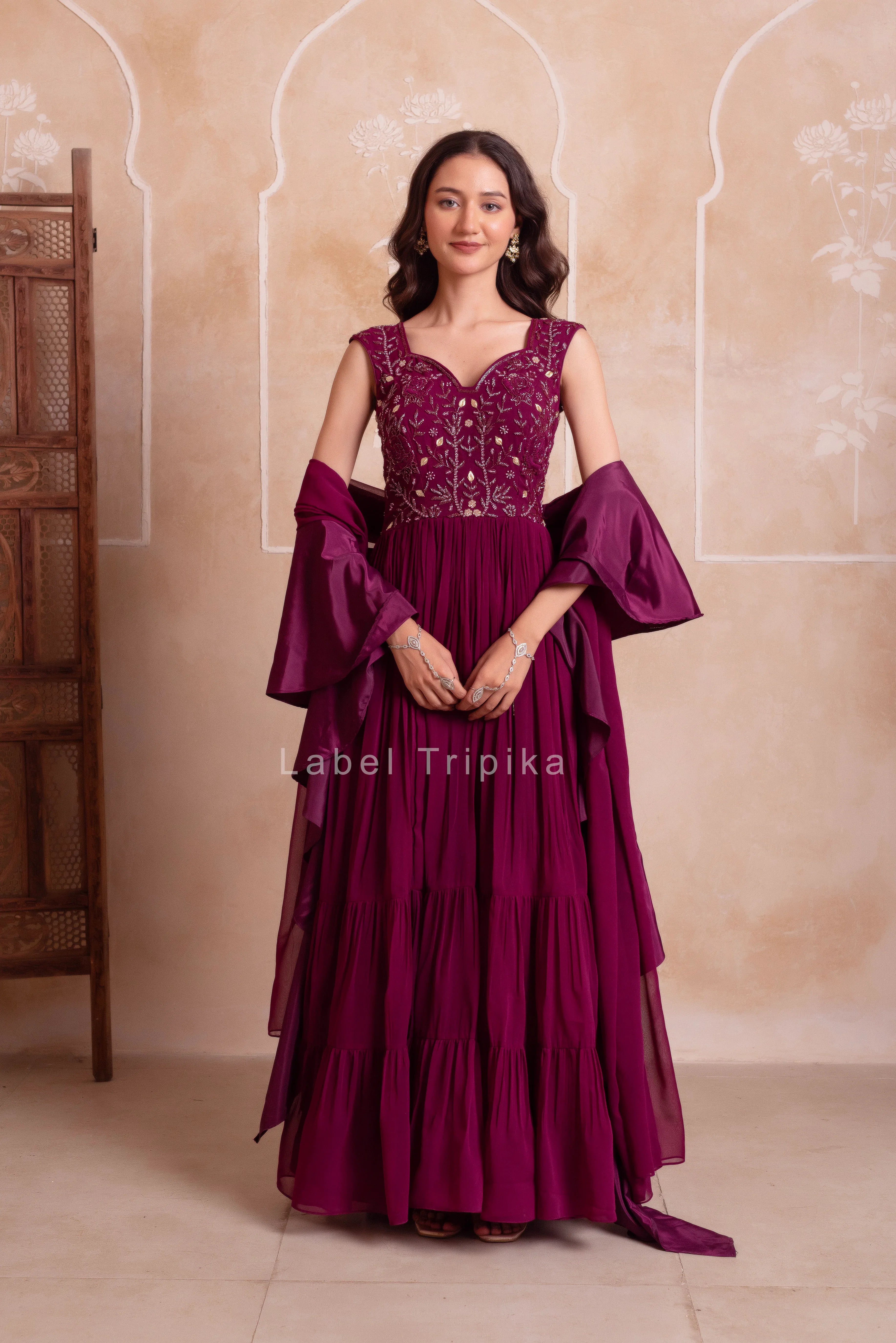 Purple Georgette Handwork Five Tier Suit Set With Frill Dupatta - LabelTrpika | Premium Womens Wear