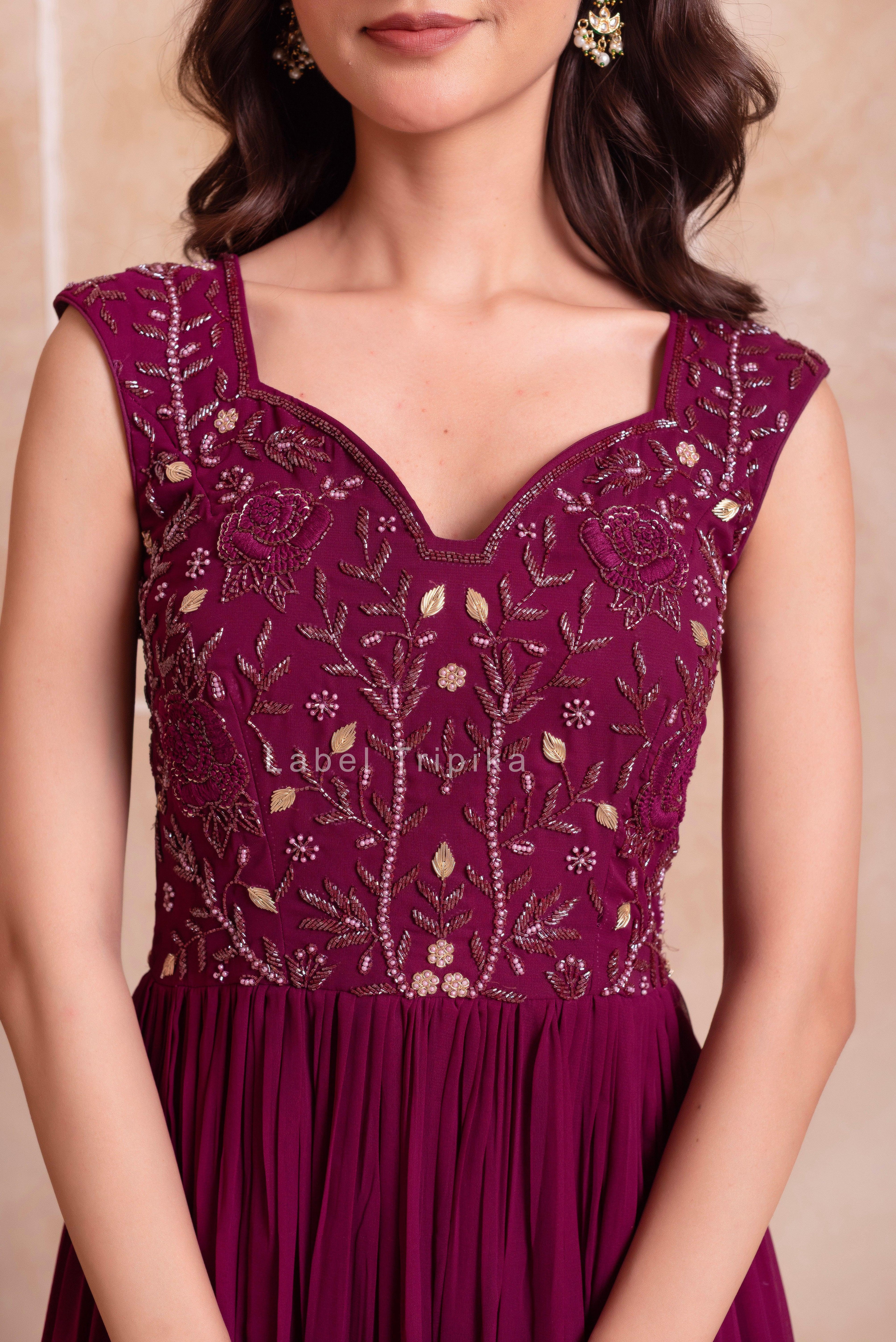 Purple Georgette Handwork Five Tier Suit Set With Frill Dupatta - LabelTrpika | Premium Womens Wear