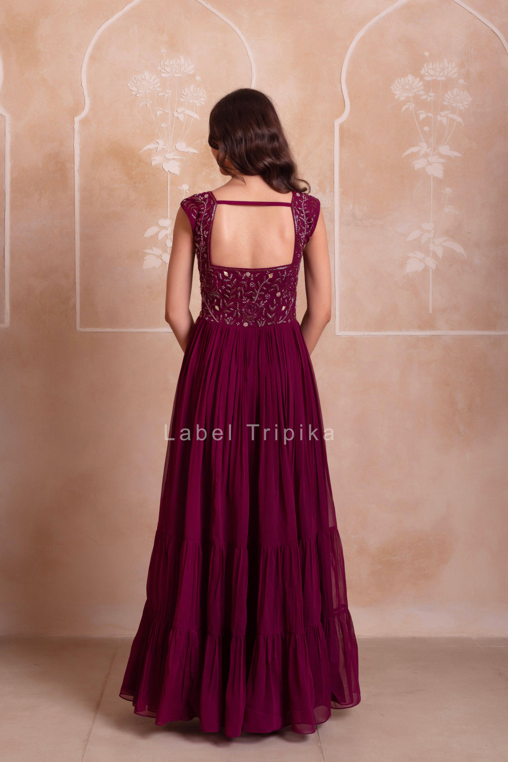 Purple Georgette Handwork Five Tier Suit Set With Frill Dupatta - LabelTrpika | Premium Womens Wear