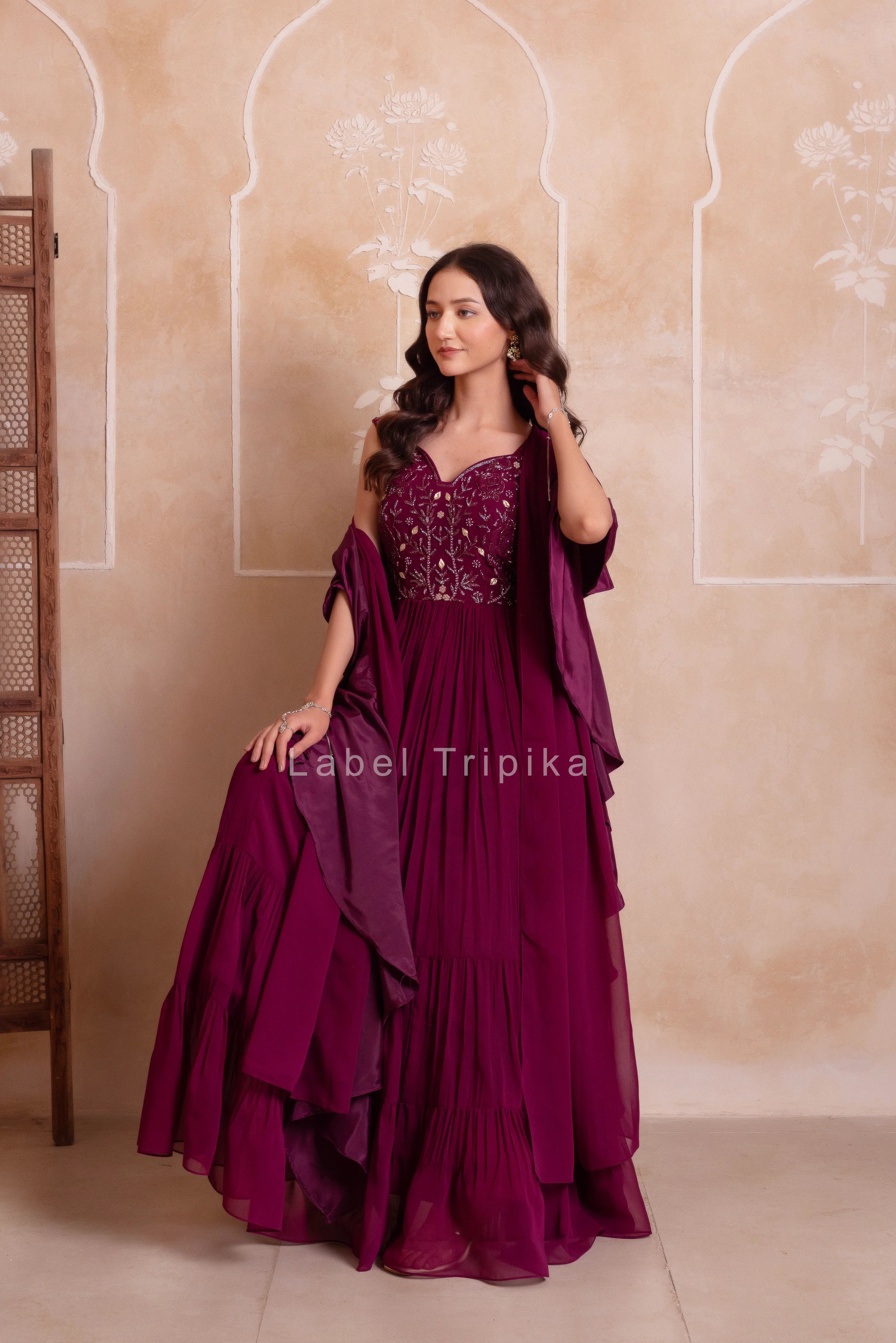 Purple Georgette Handwork Five Tier Suit Set With Frill Dupatta - LabelTrpika | Premium Womens Wear