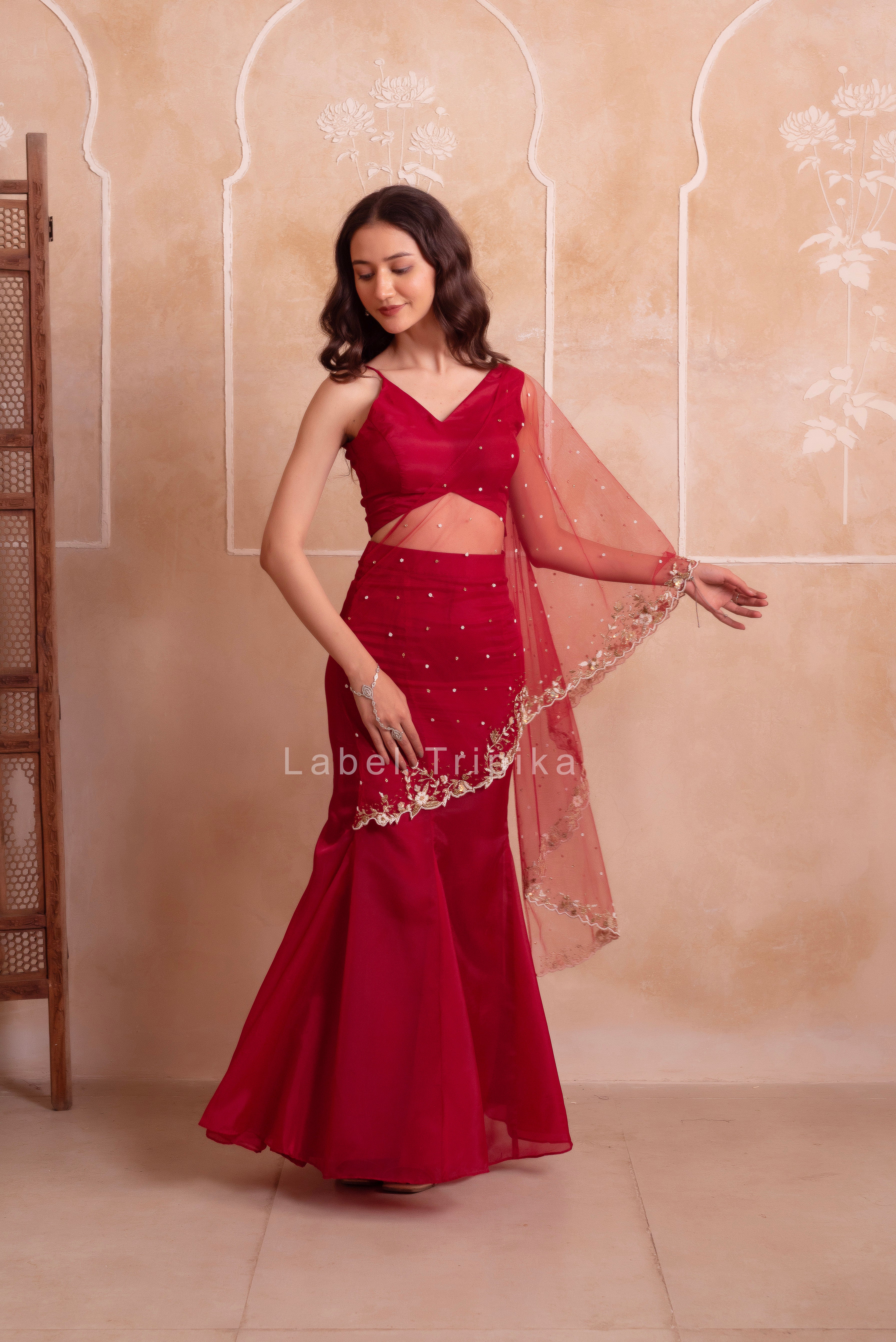 Red Fairy Handwork Organza Skirt Set