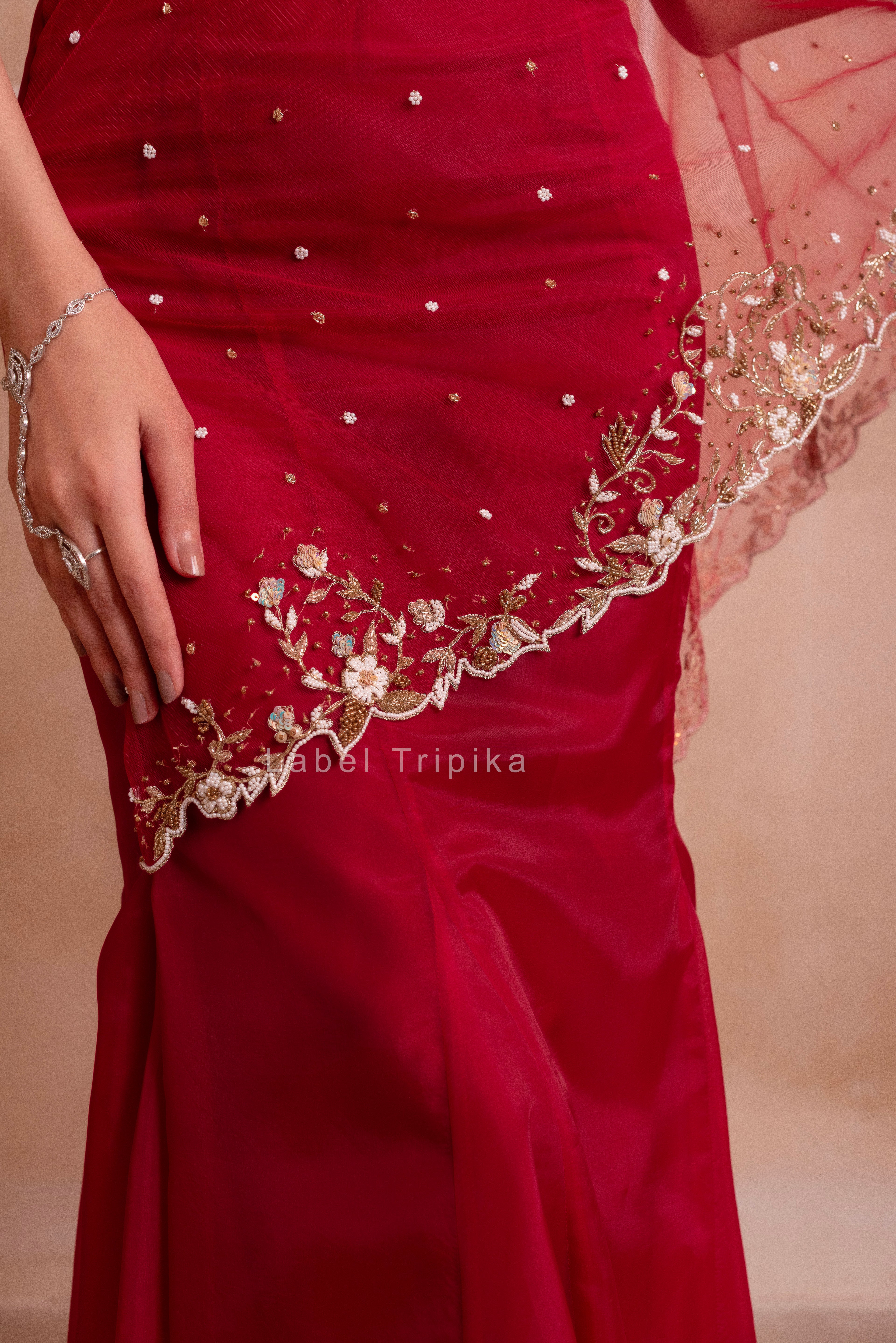 Red Fairy Handwork Organza Skirt Set