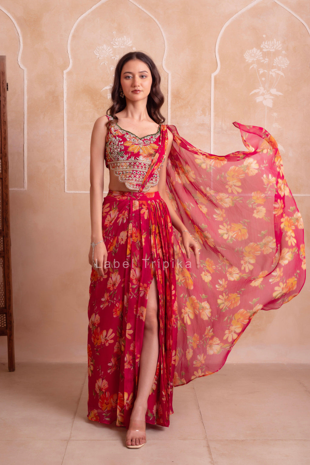 Pink Printed Chiffon Handwork Skirt Set - LabelTrpika | Premium Womens Wear