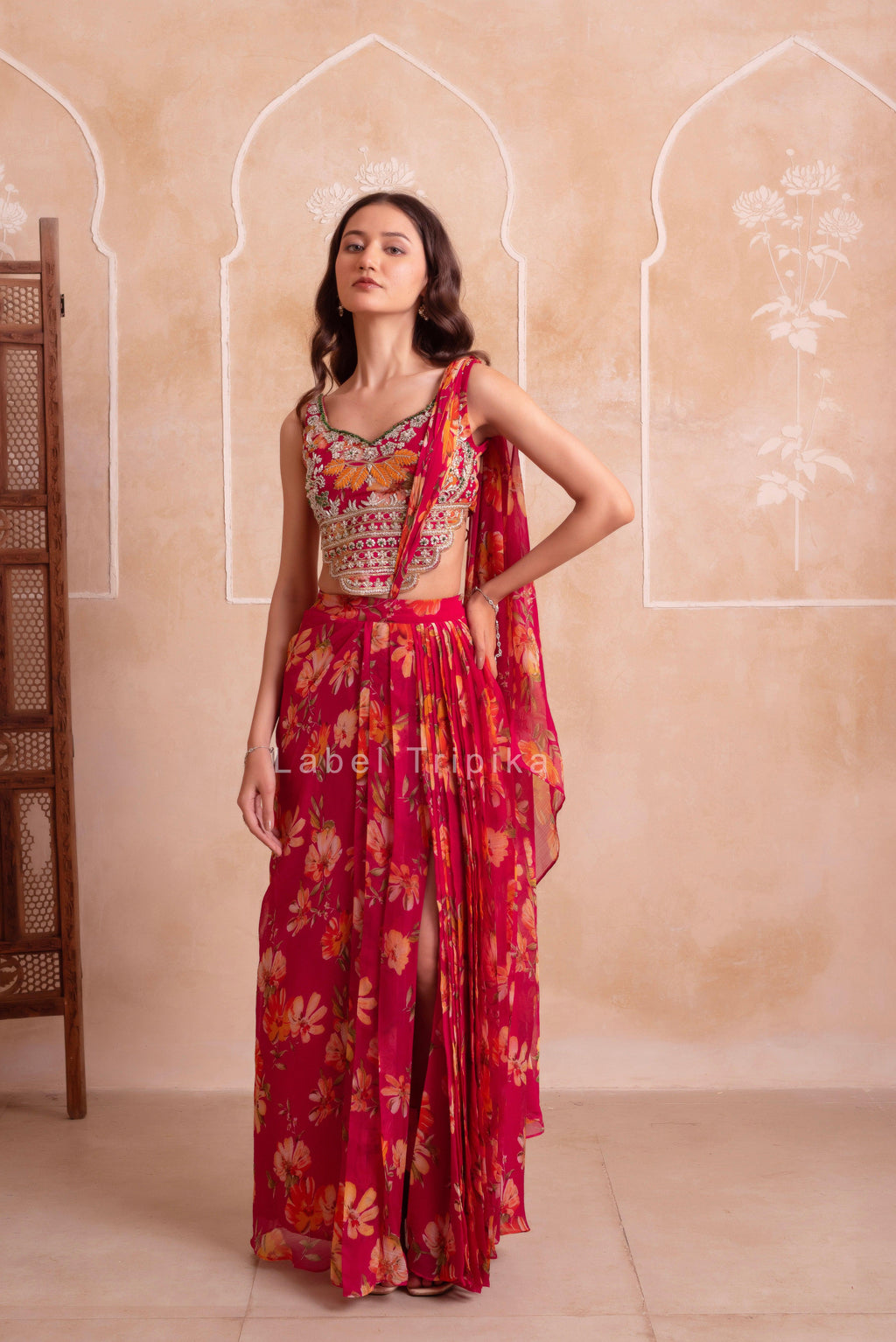 Pink Printed Chiffon Handwork Skirt Set - LabelTrpika | Premium Womens Wear