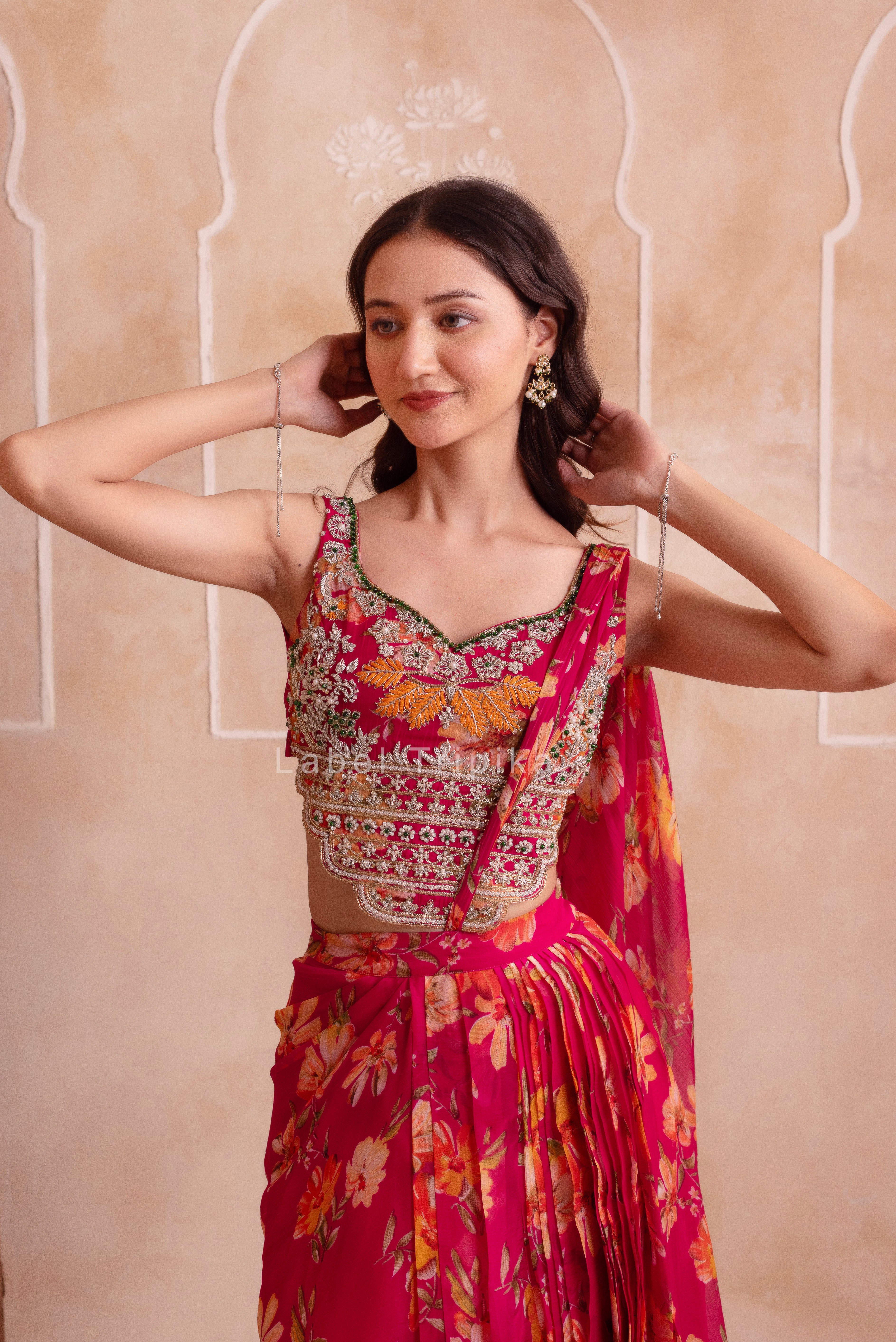 Pink Printed Chiffon Handwork Skirt Set