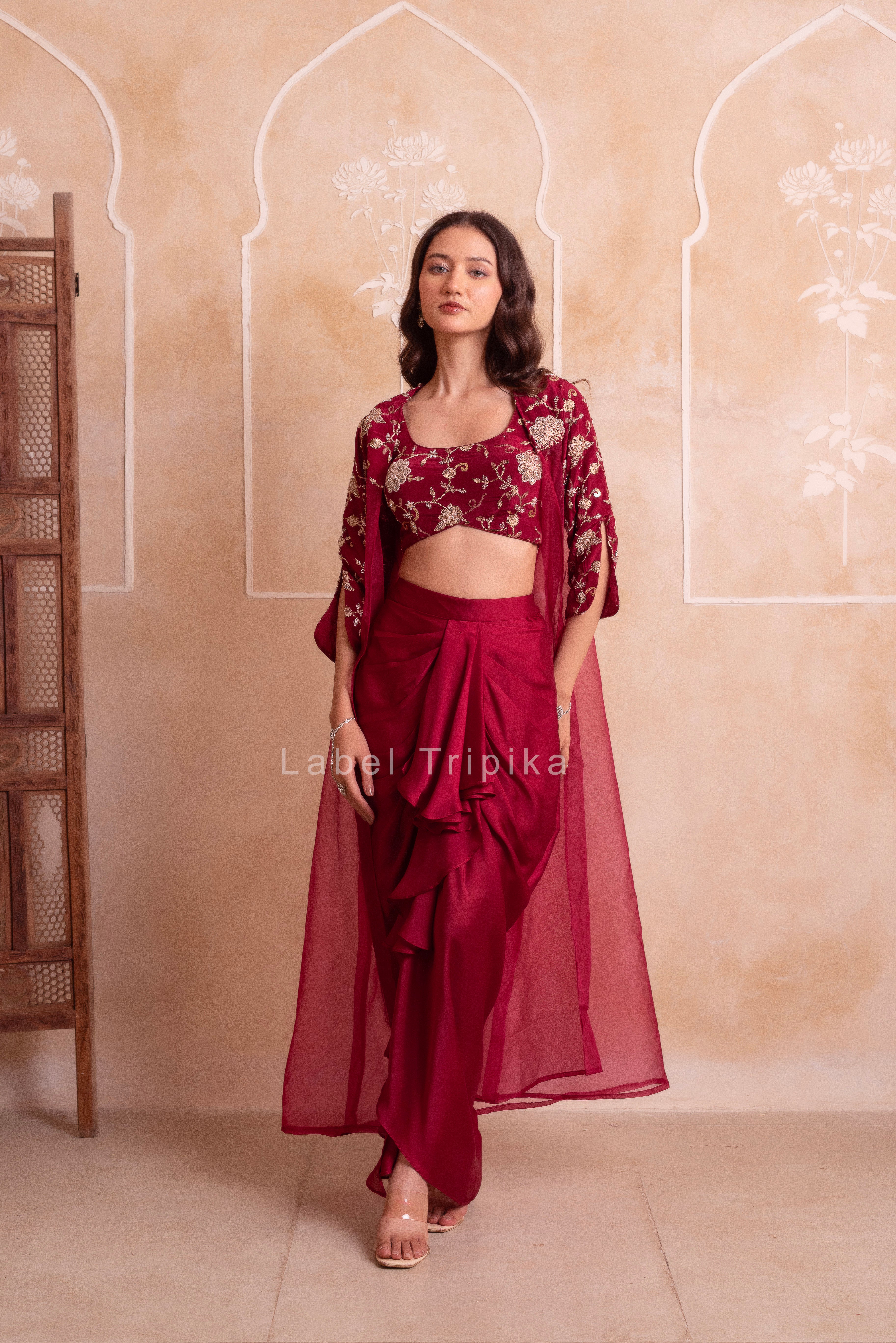 Maroon Satin Pre-Draped Skirt Shrug Set
