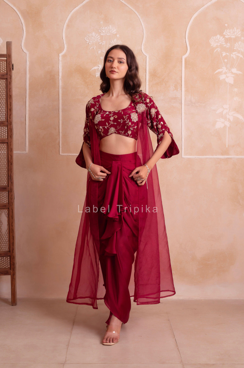 Maroon Satin Pre-Draped Skirt Shrug Set - LabelTrpika | Premium Womens Wear
