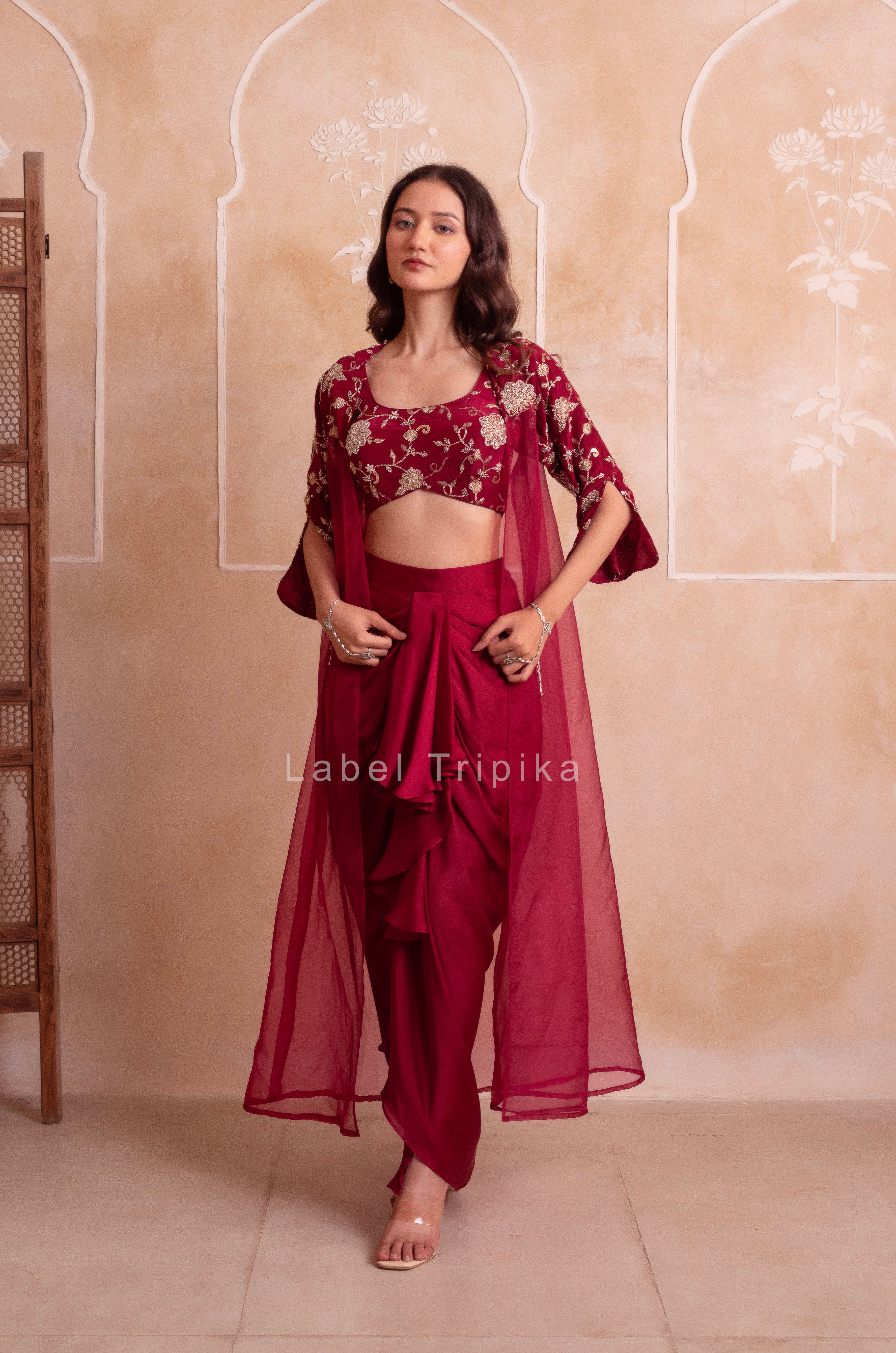 Maroon Satin Pre-Draped Skirt Shrug Set