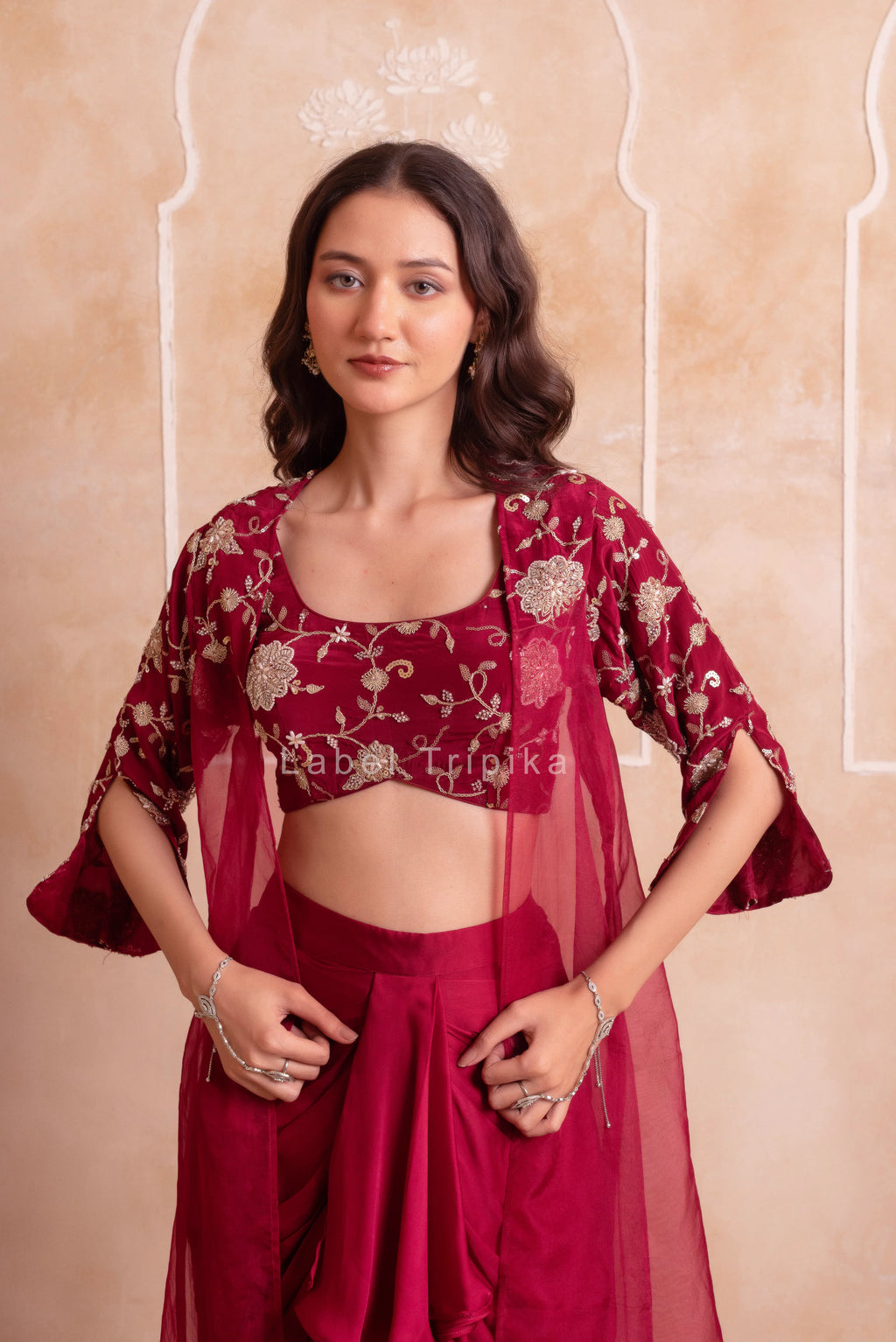 Maroon Satin Pre-Draped Skirt Shrug Set - LabelTrpika | Premium Womens Wear