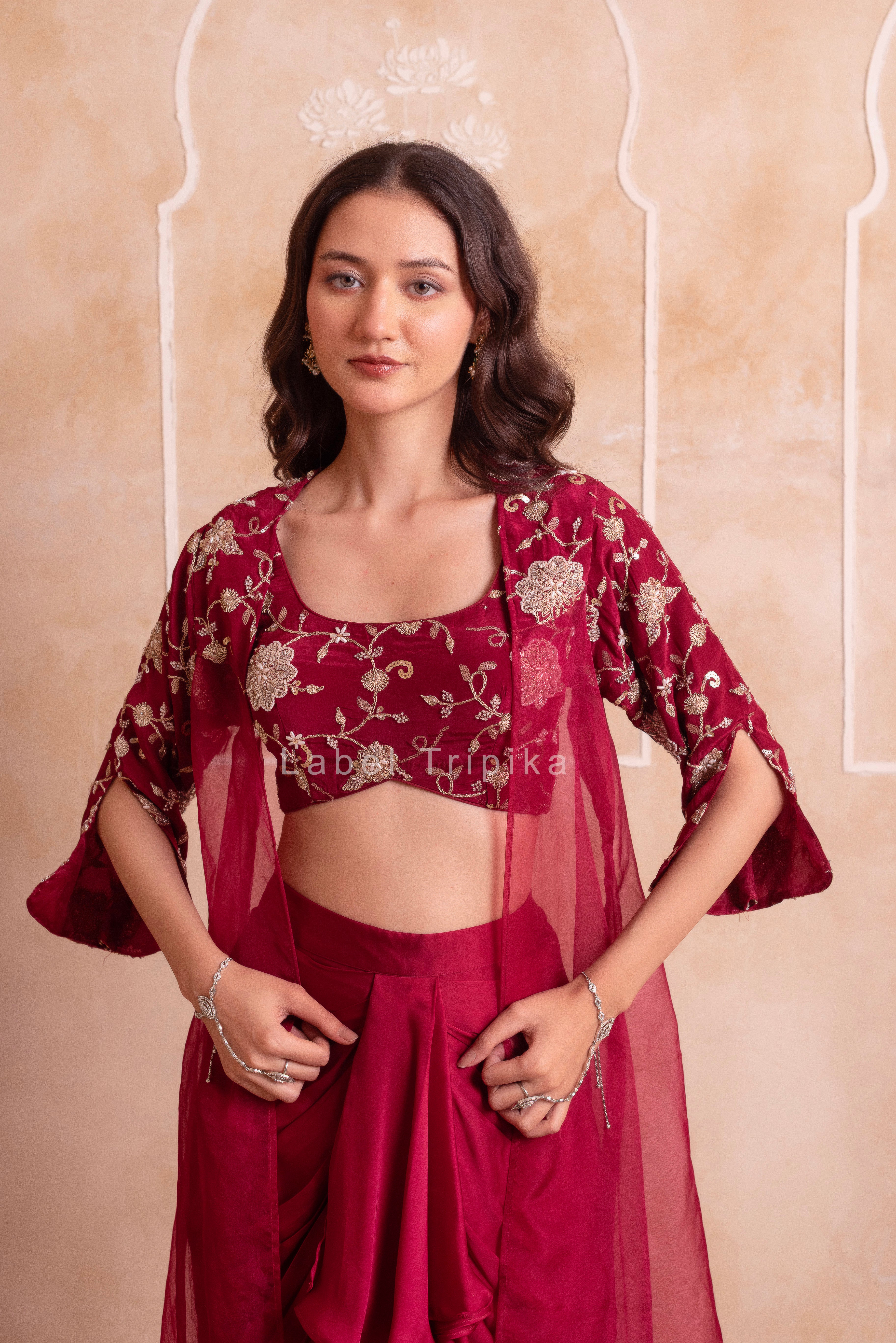 Maroon Satin Pre-Draped Skirt Shrug Set