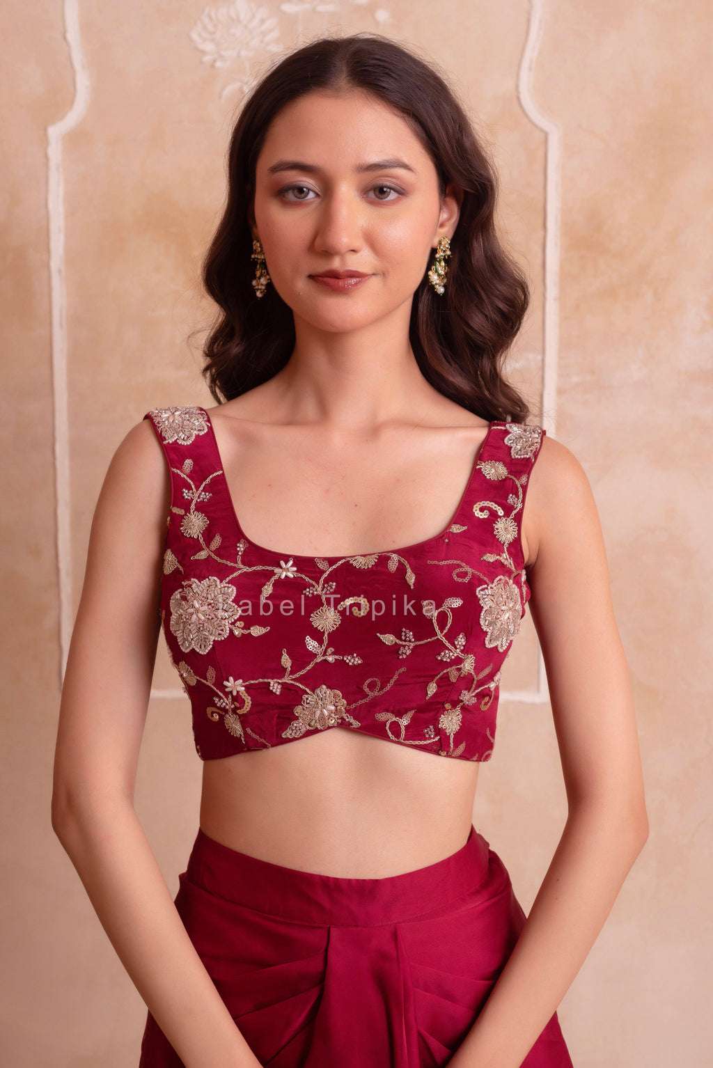 Maroon Satin Pre-Draped Skirt Shrug Set - LabelTrpika | Premium Womens Wear